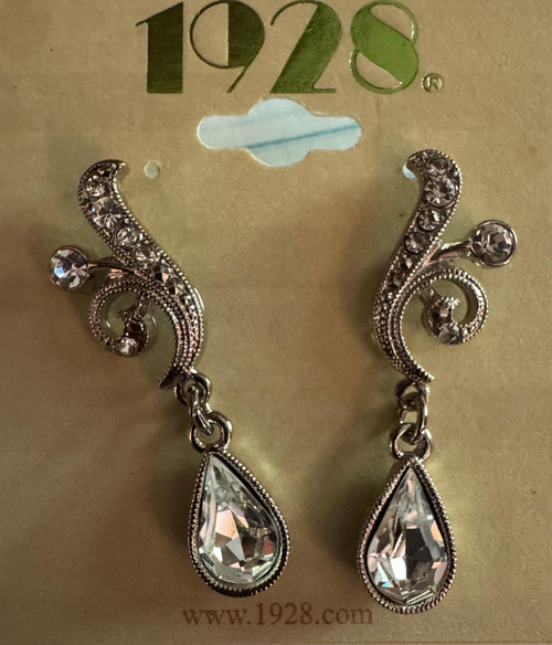 1928 Silver Tone Crystal Teardrop Earrings.