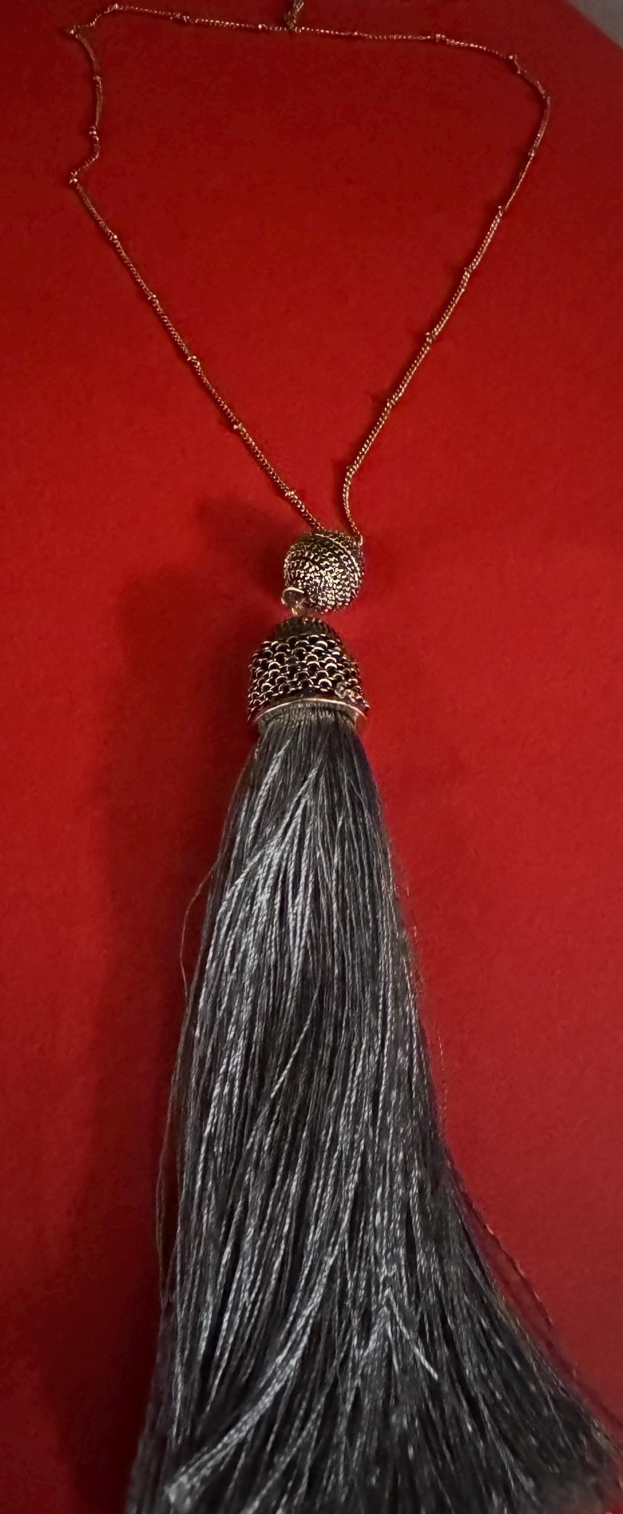 Antique Gold Tone Ball/Bead Chain w/ Gray Tassel.