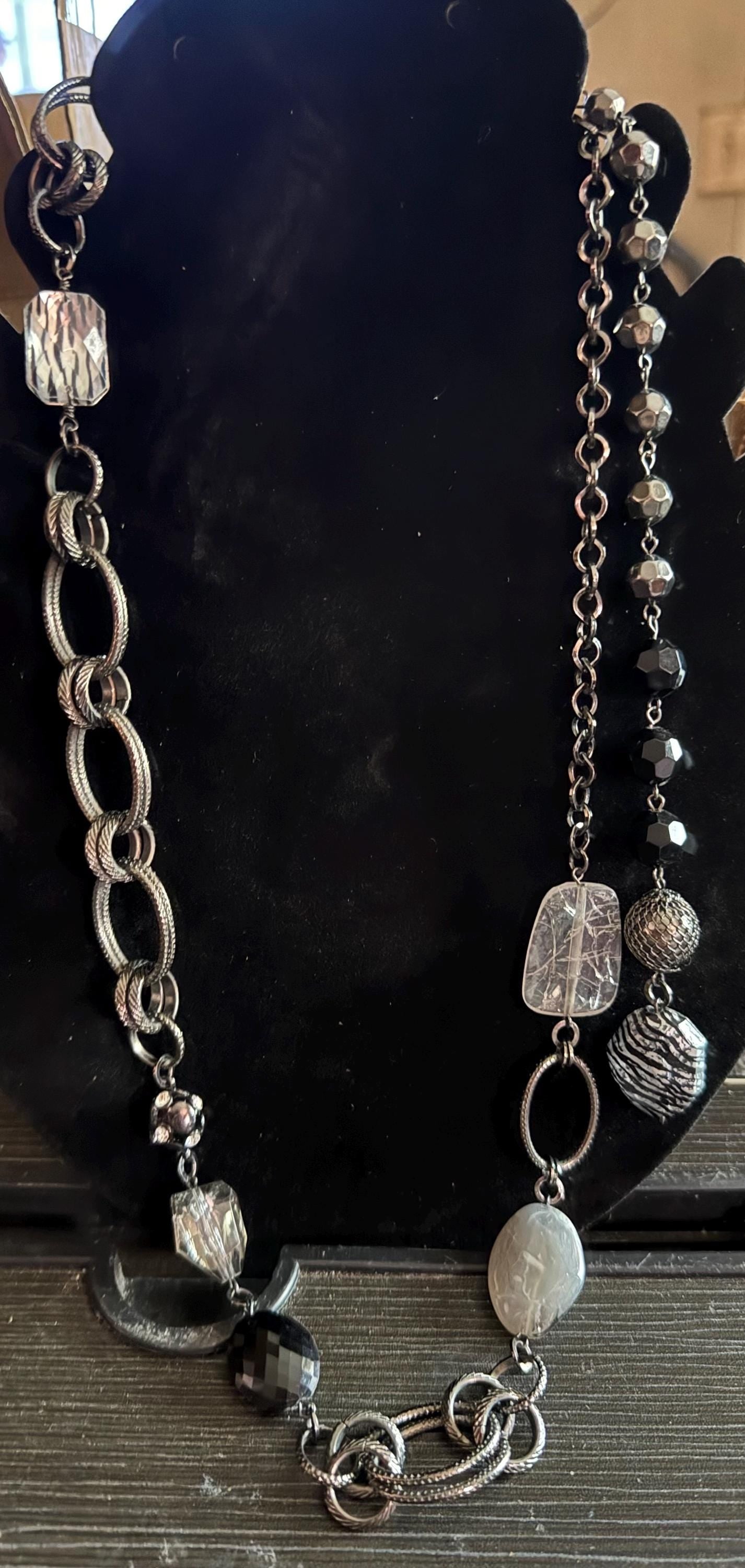 Beaded & Chain Statement Necklace w/ Gunmetal Finish.