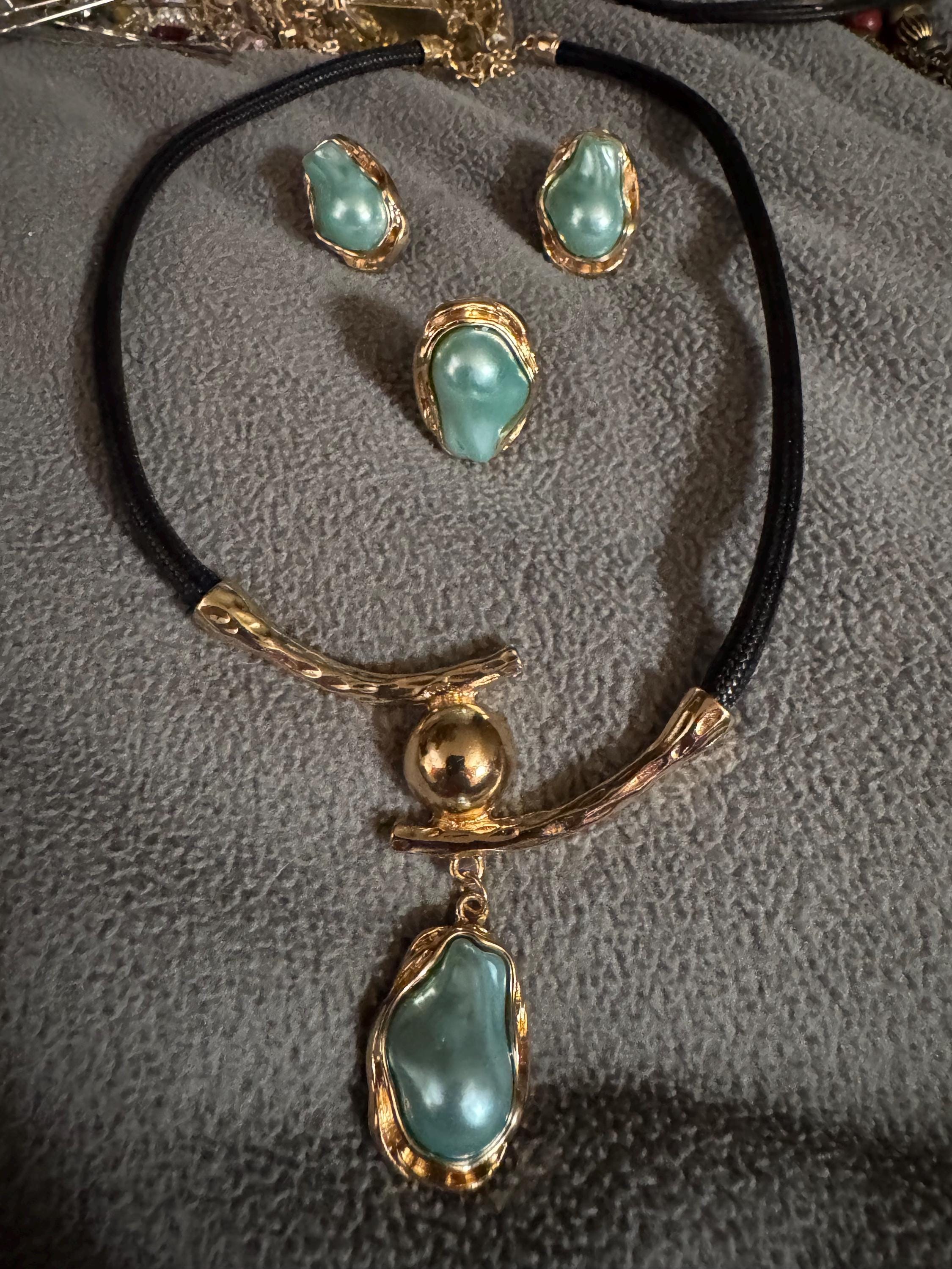 Beautiful Light Blue, Gold, & Black Jewelry Set.