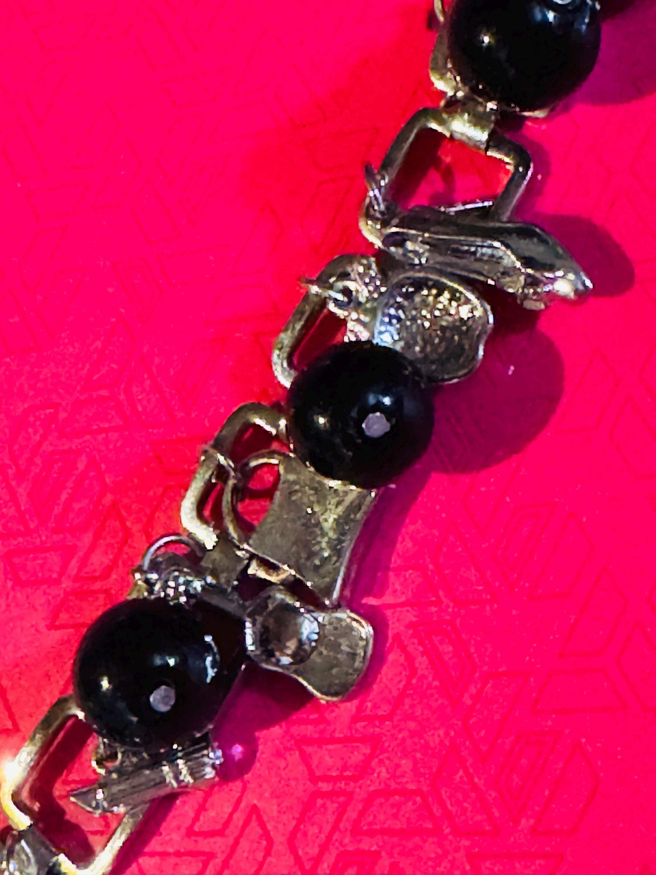 Beautiful Square Links, Silver Tone Charm Bracelet with Black Balls.