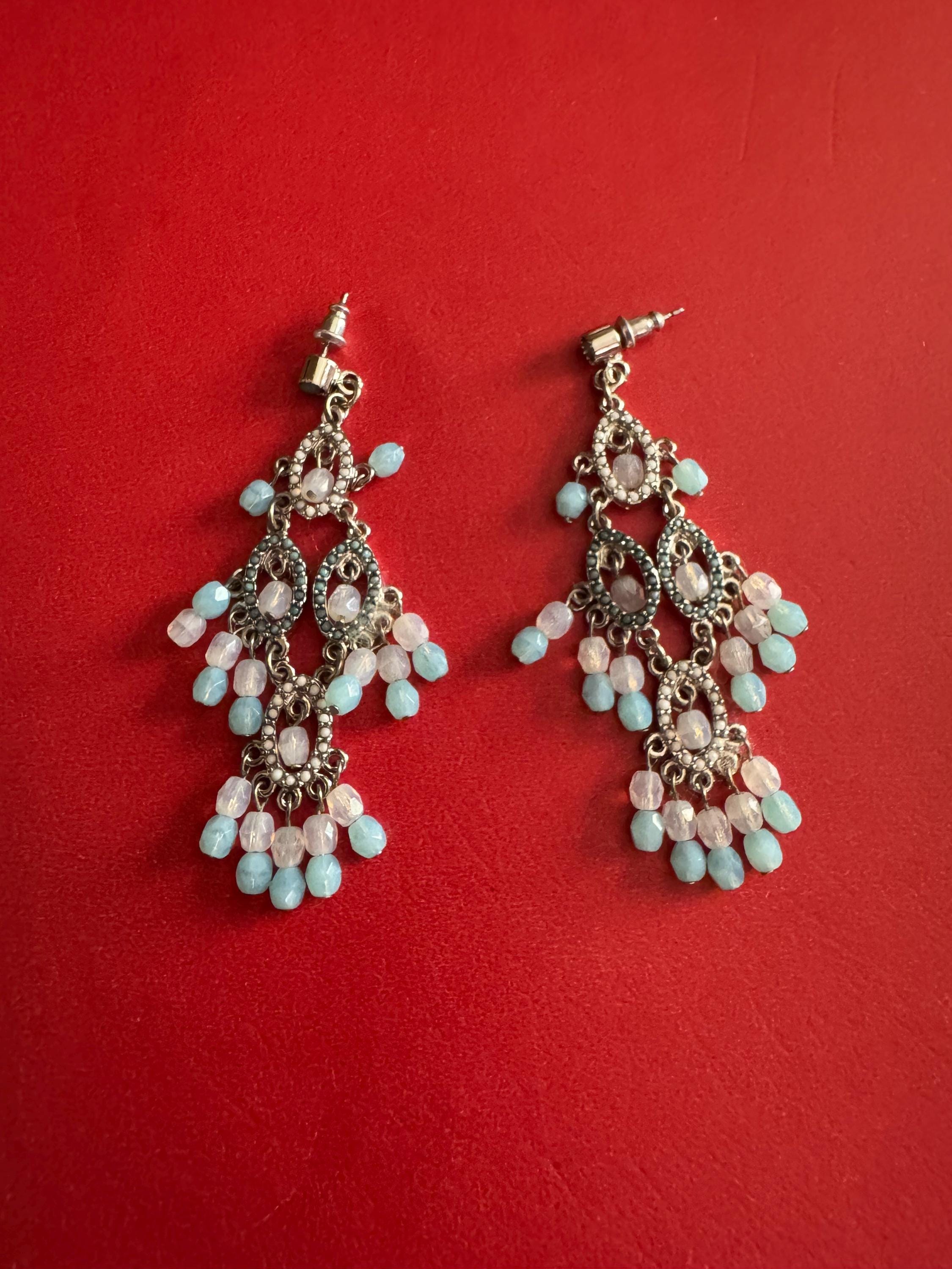 Banana Republic Silver Chandelier Earrings with Blue & White Beads