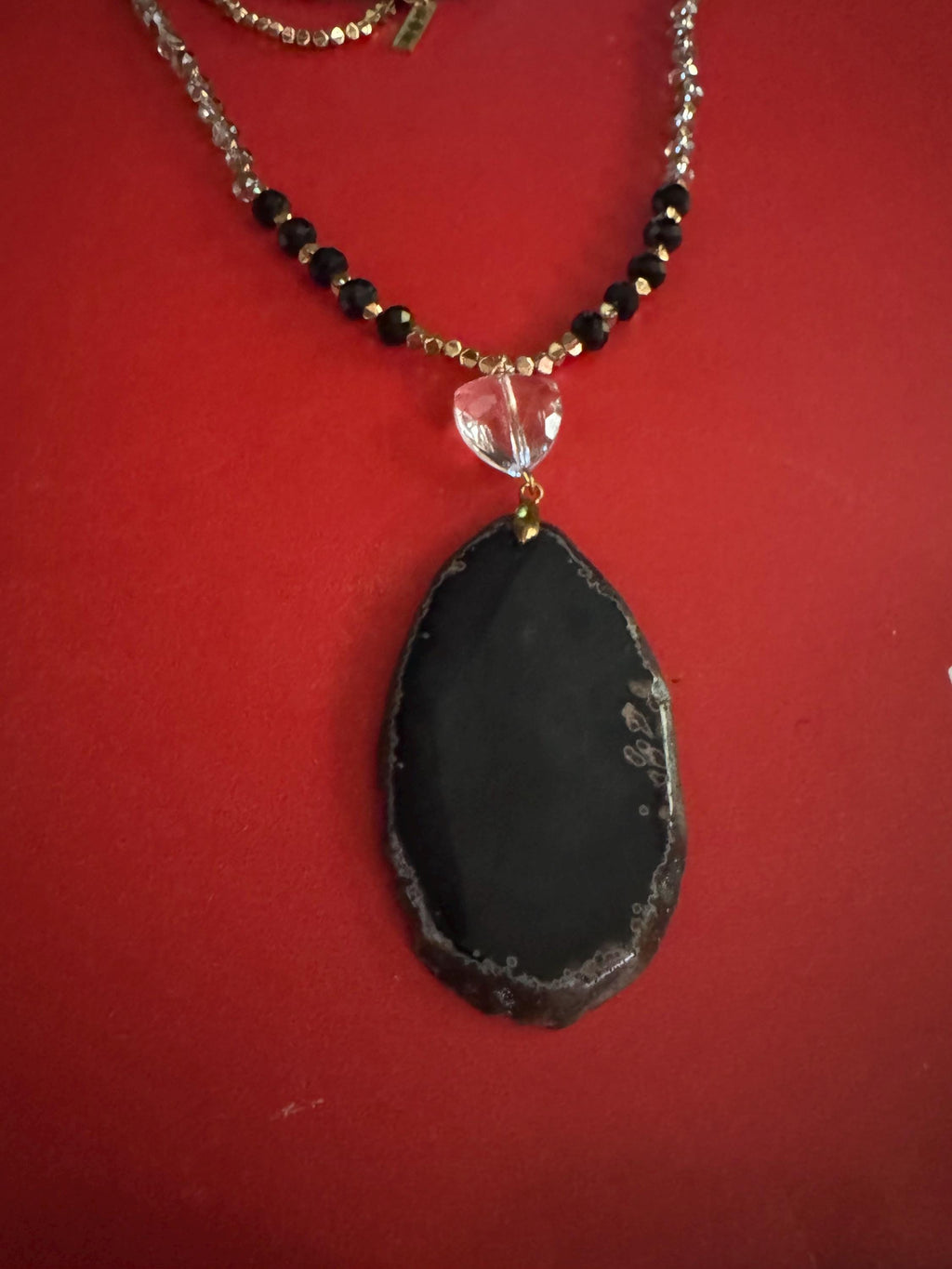 Black Agate Pendant Necklace, Gold Toned Beads, Jane&Marie