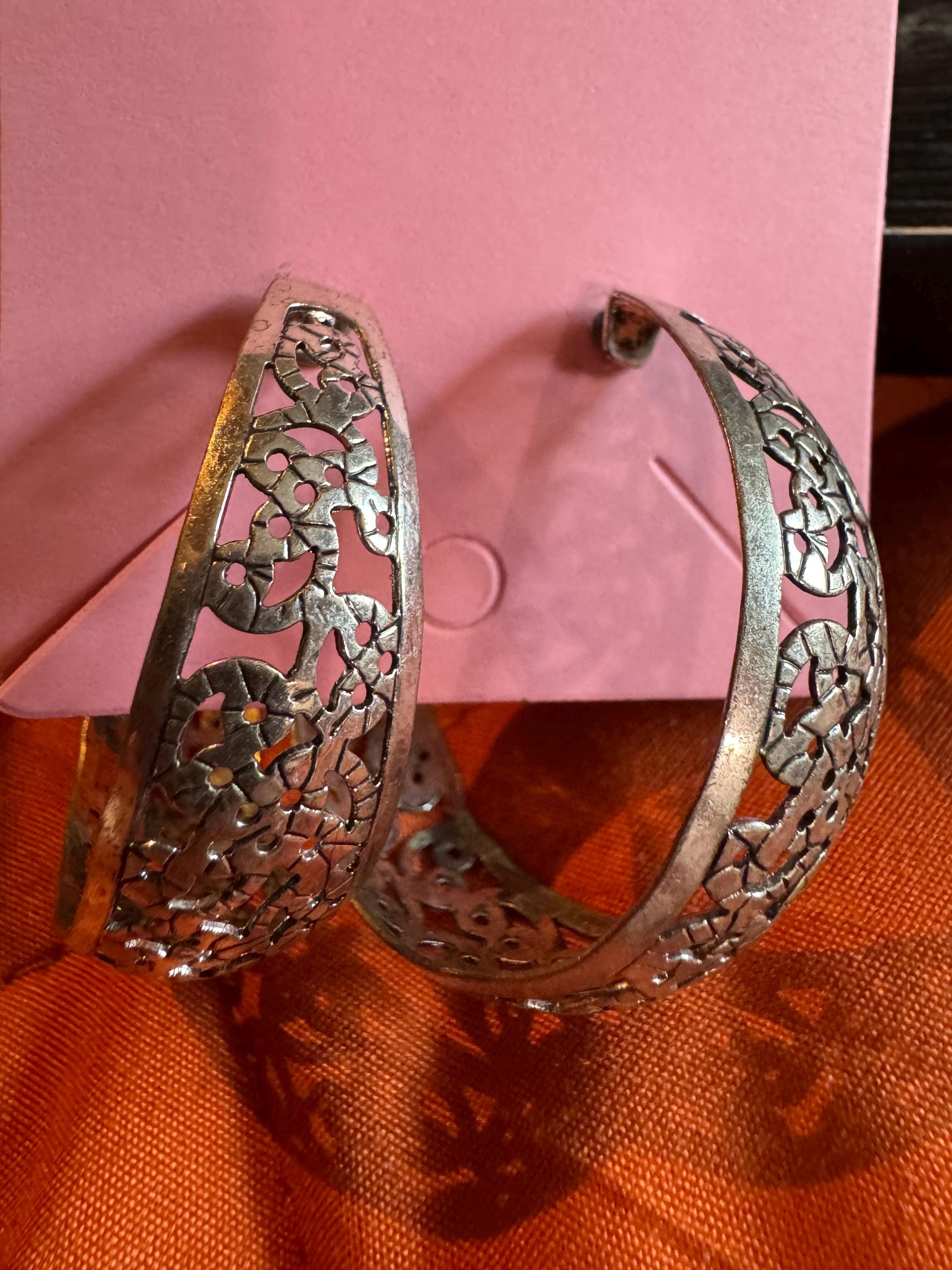 Big Beautiful Silver Toned Filigree Style Hoop Earrings.