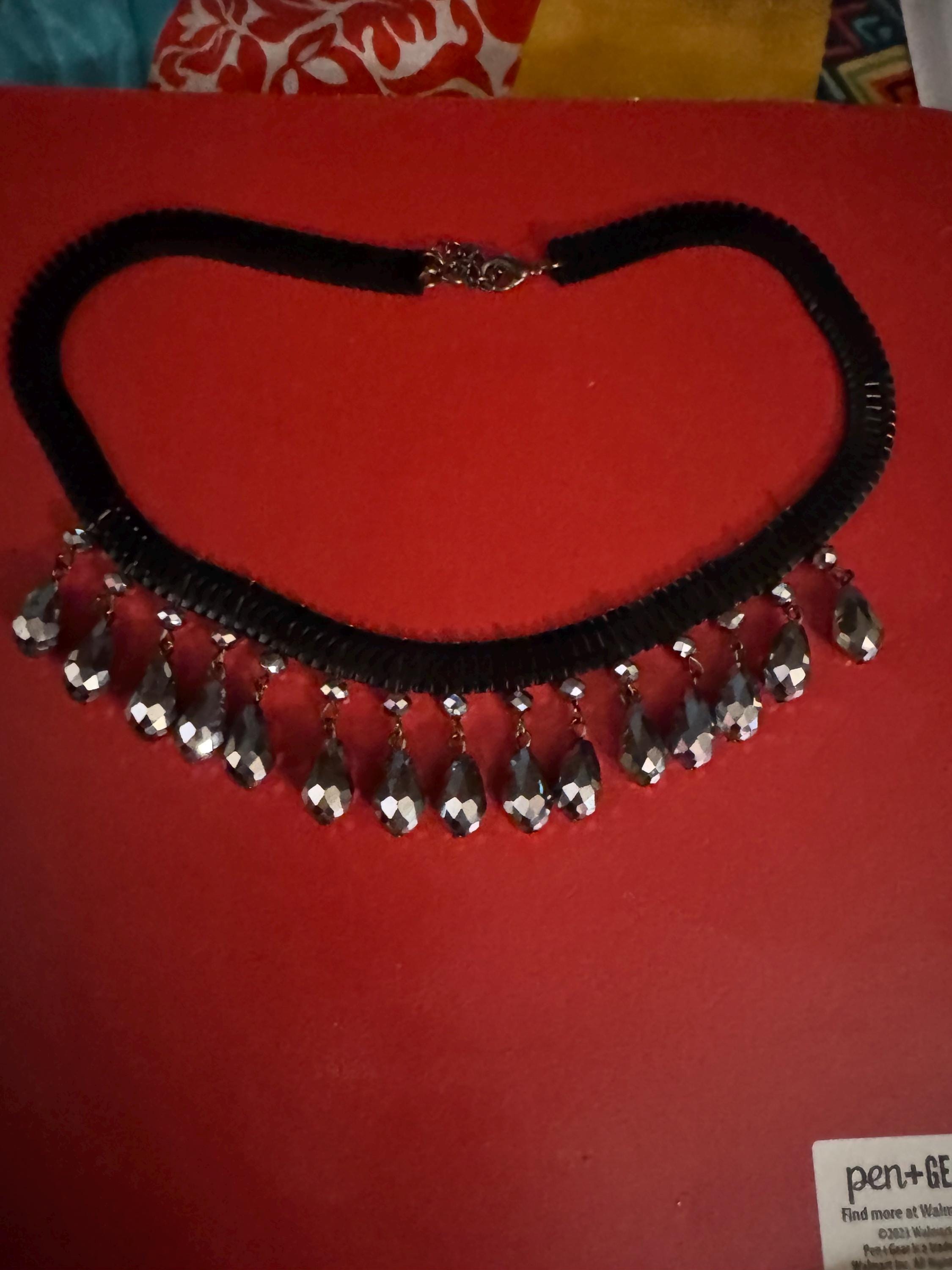 Black Choker Necklace w/ Silver Toned Teardrop Charms.