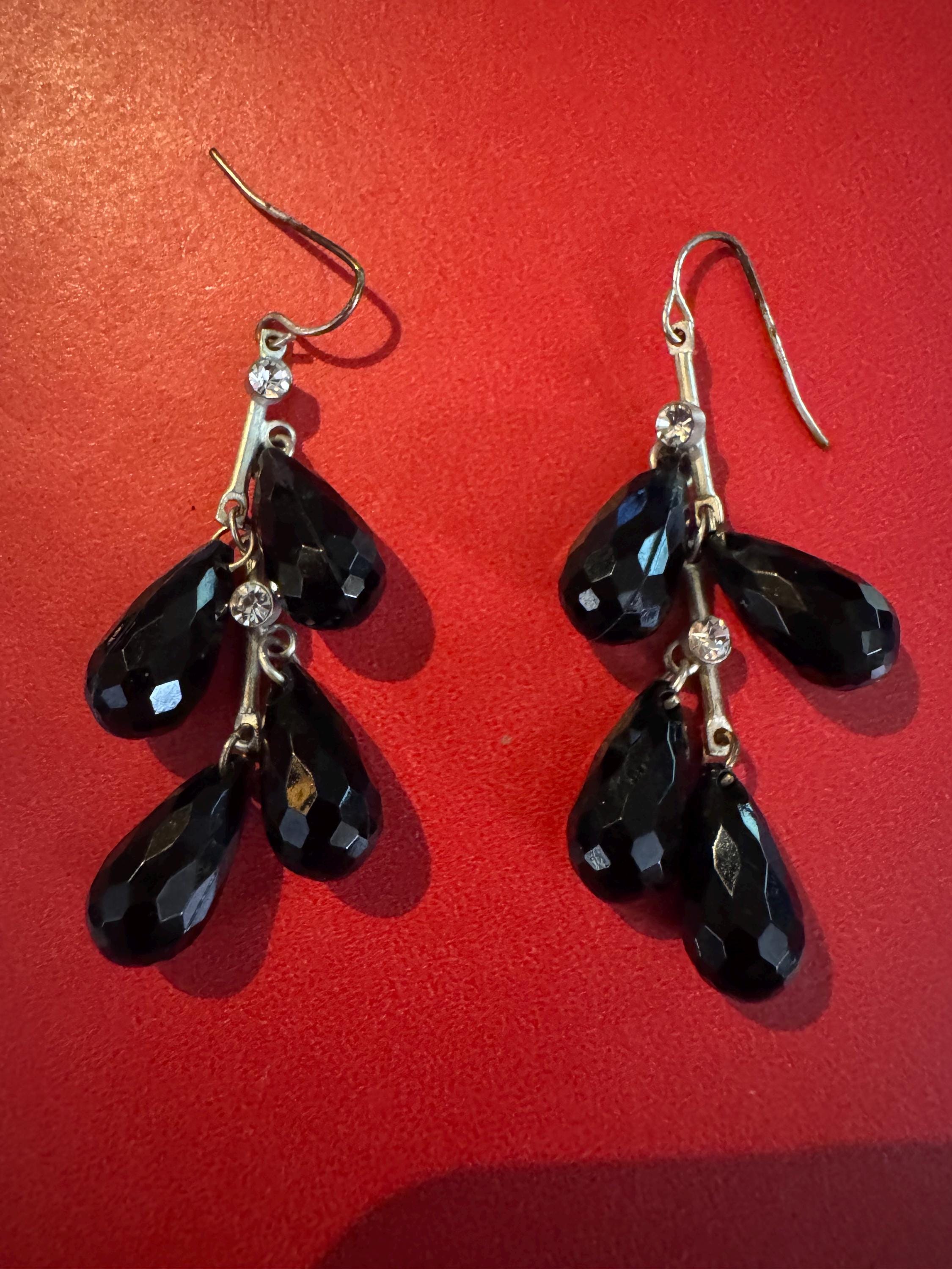 Black Crystal and Silver toned hook earrings.