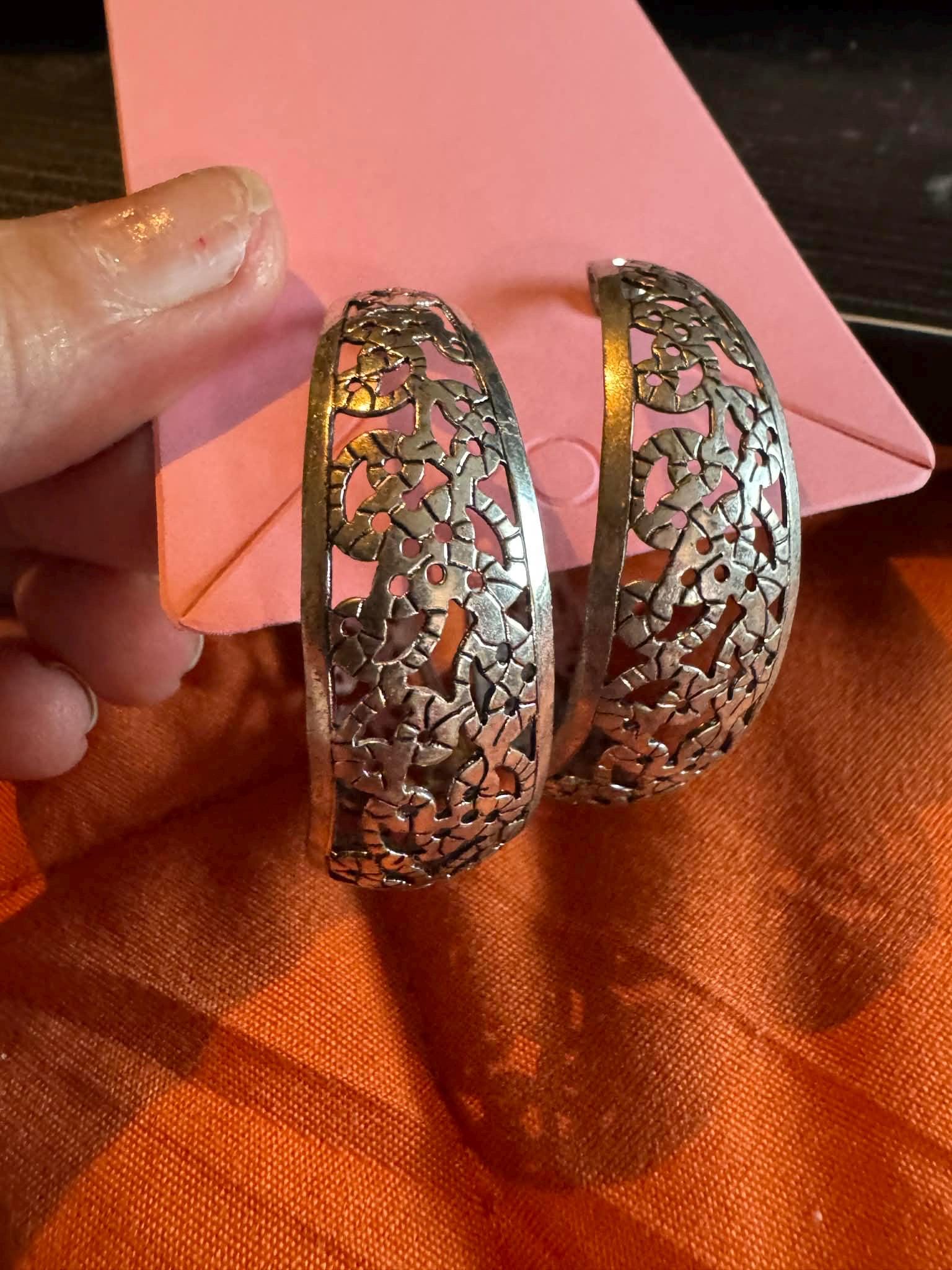 Big Beautiful Silver Toned Filigree Style Hoop Earrings.