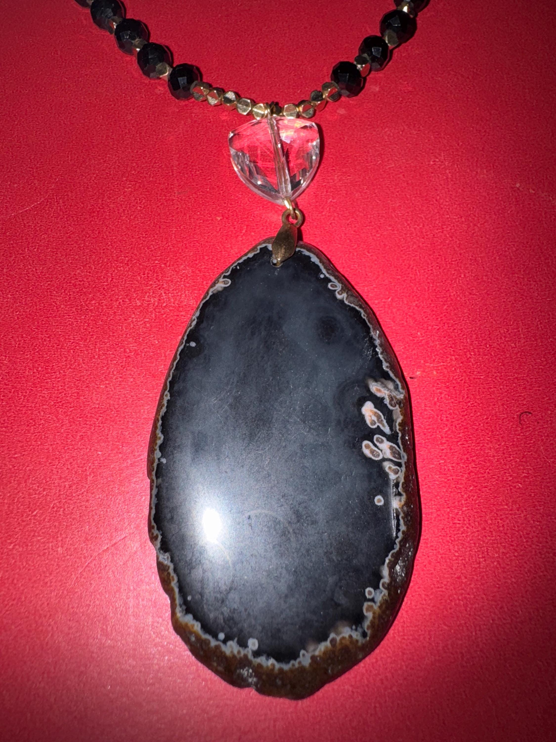 Black Agate Pendant Necklace, Gold Toned Beads, Jane&Marie