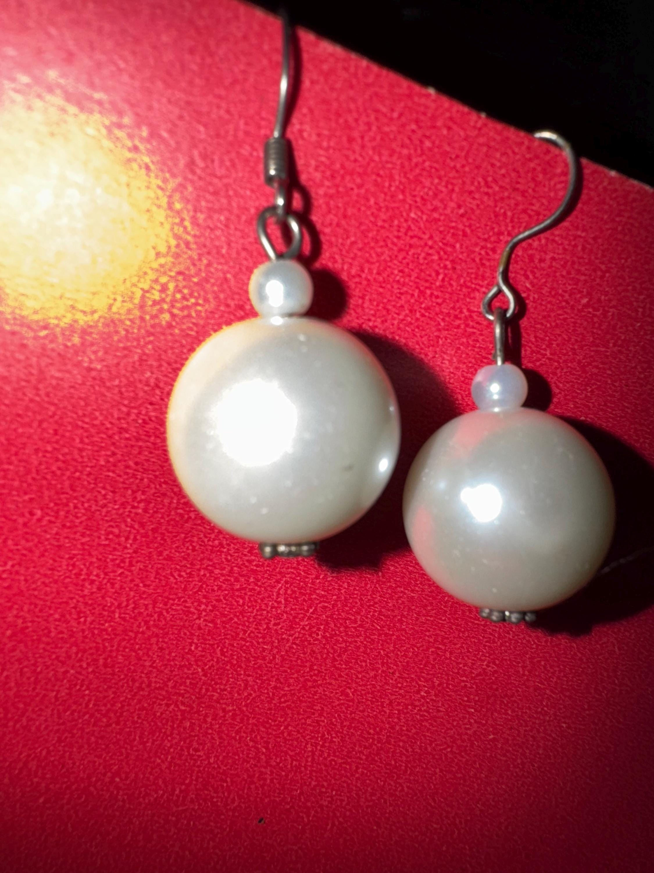 Big Faux Pearl Earrings with Silver Toned Metal.
