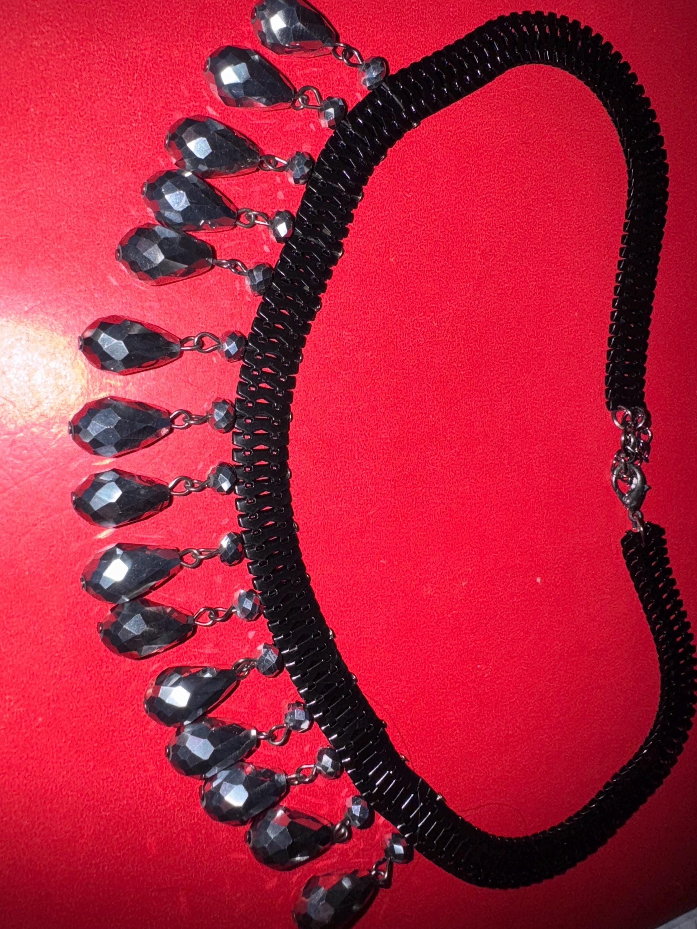 Black Choker Necklace w/ Silver Toned Teardrop Charms.