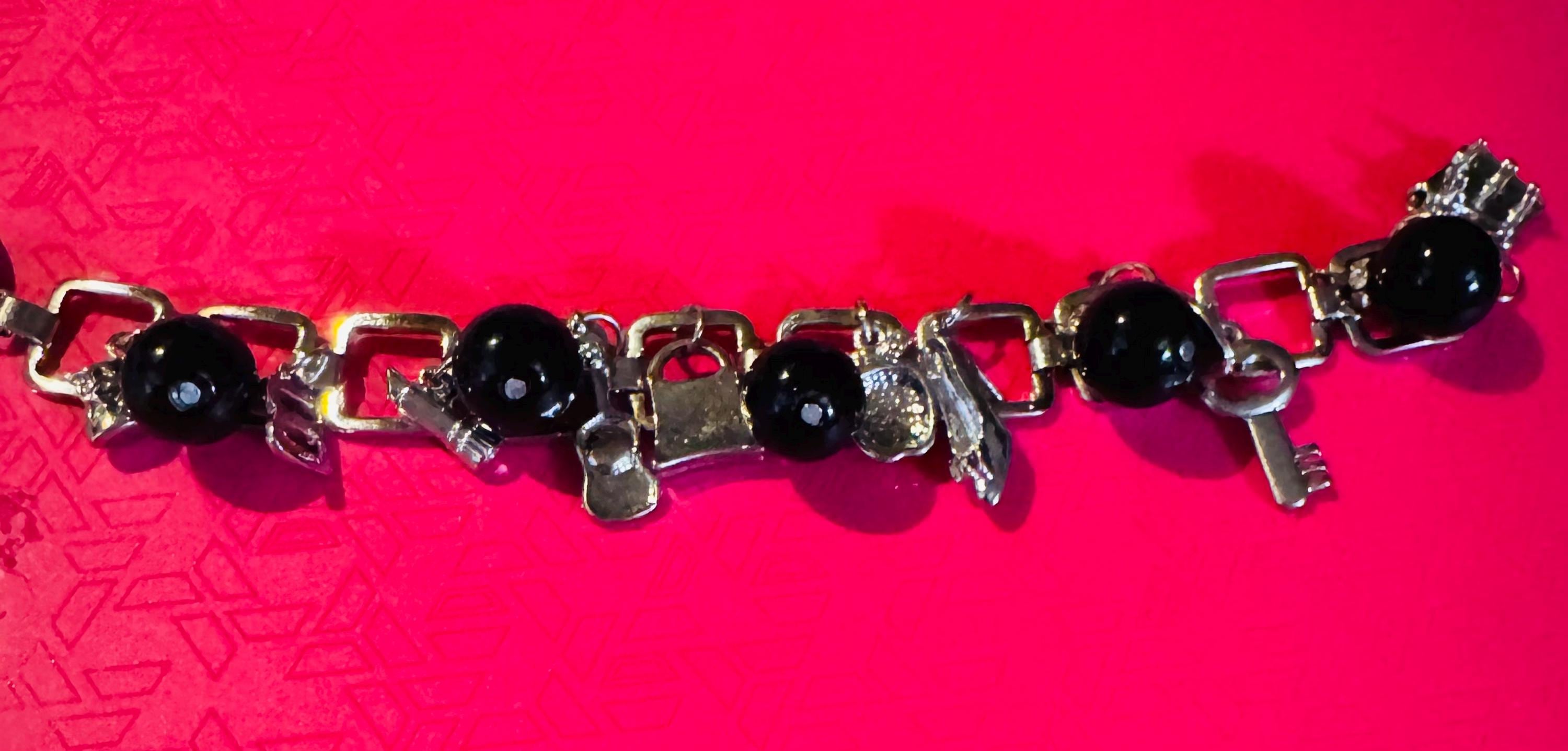 Beautiful Square Links, Silver Tone Charm Bracelet with Black Balls.