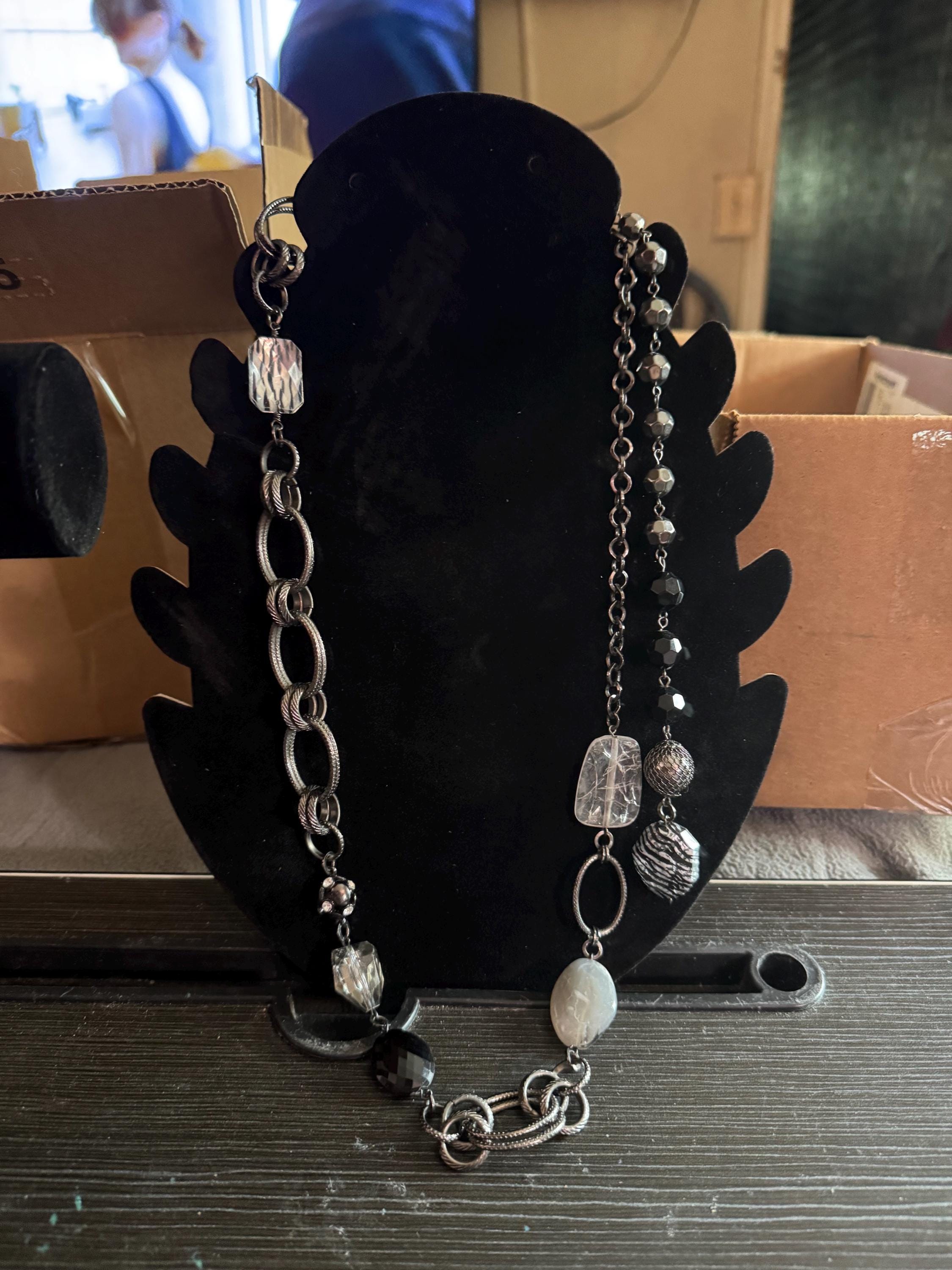 Beaded & Chain Statement Necklace w/ Gunmetal Finish.