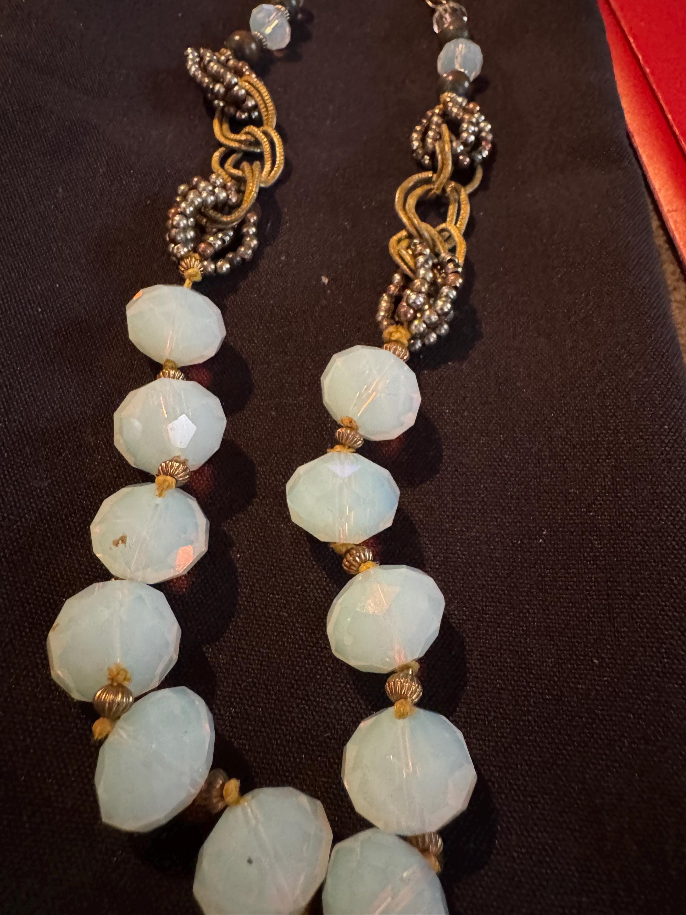 Beautiful Vintage Art Deco, Pale Blue Glass Beaded Necklace Gold Toned w/ Crystal Accents