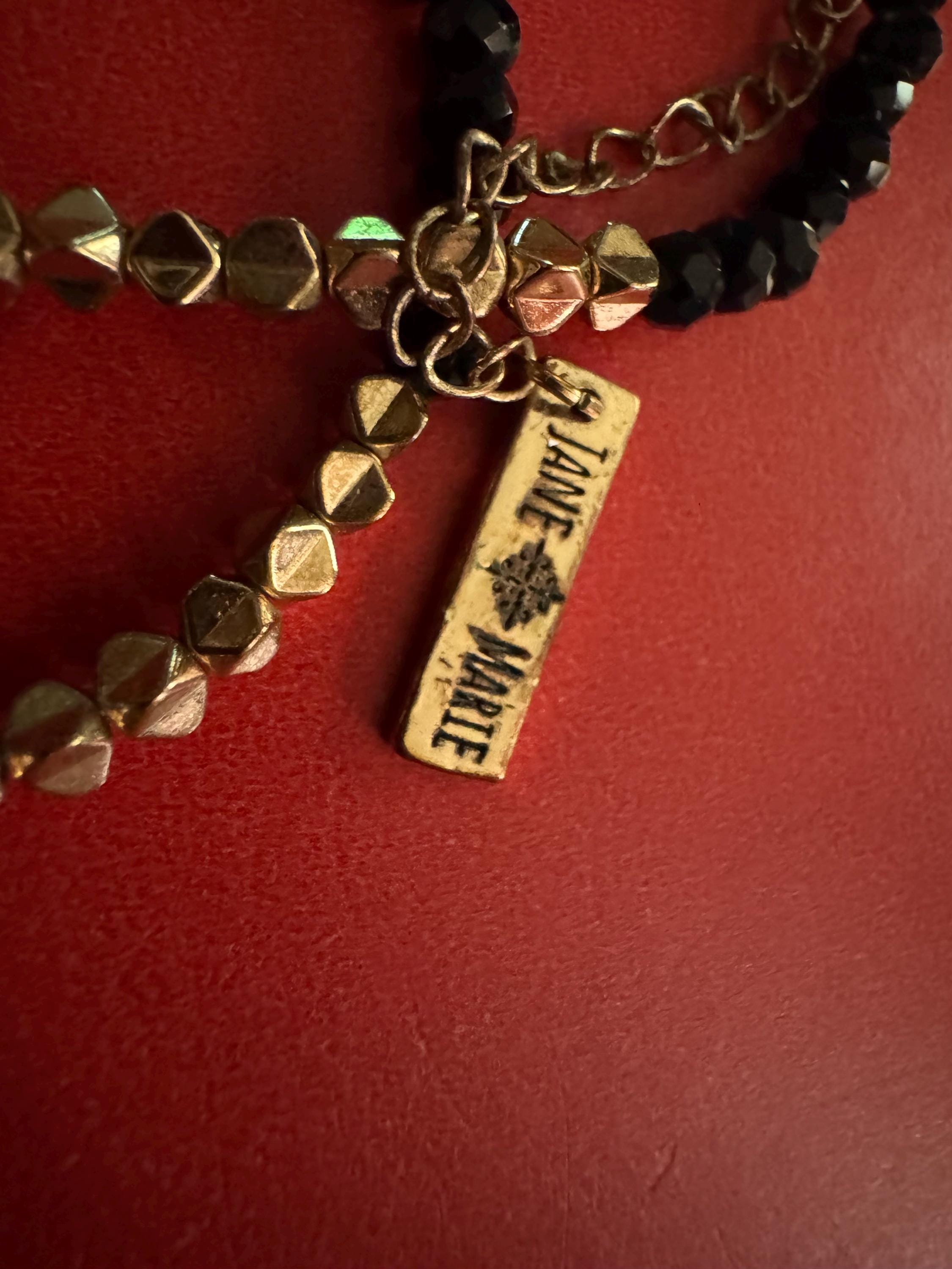 Black Agate Pendant Necklace, Gold Toned Beads, Jane&Marie