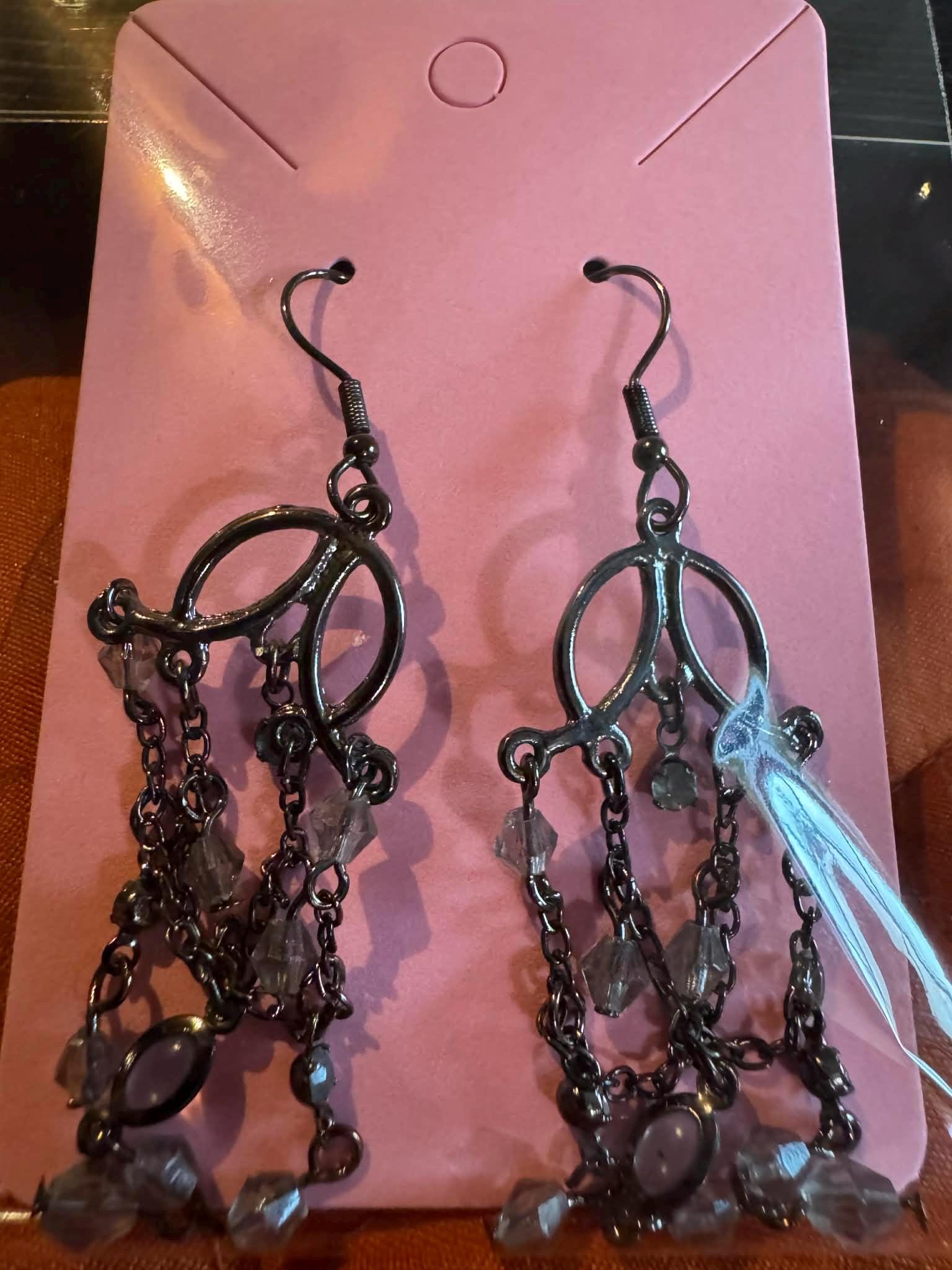 Black Metal Chandelier Earrings with Crystal Accents.