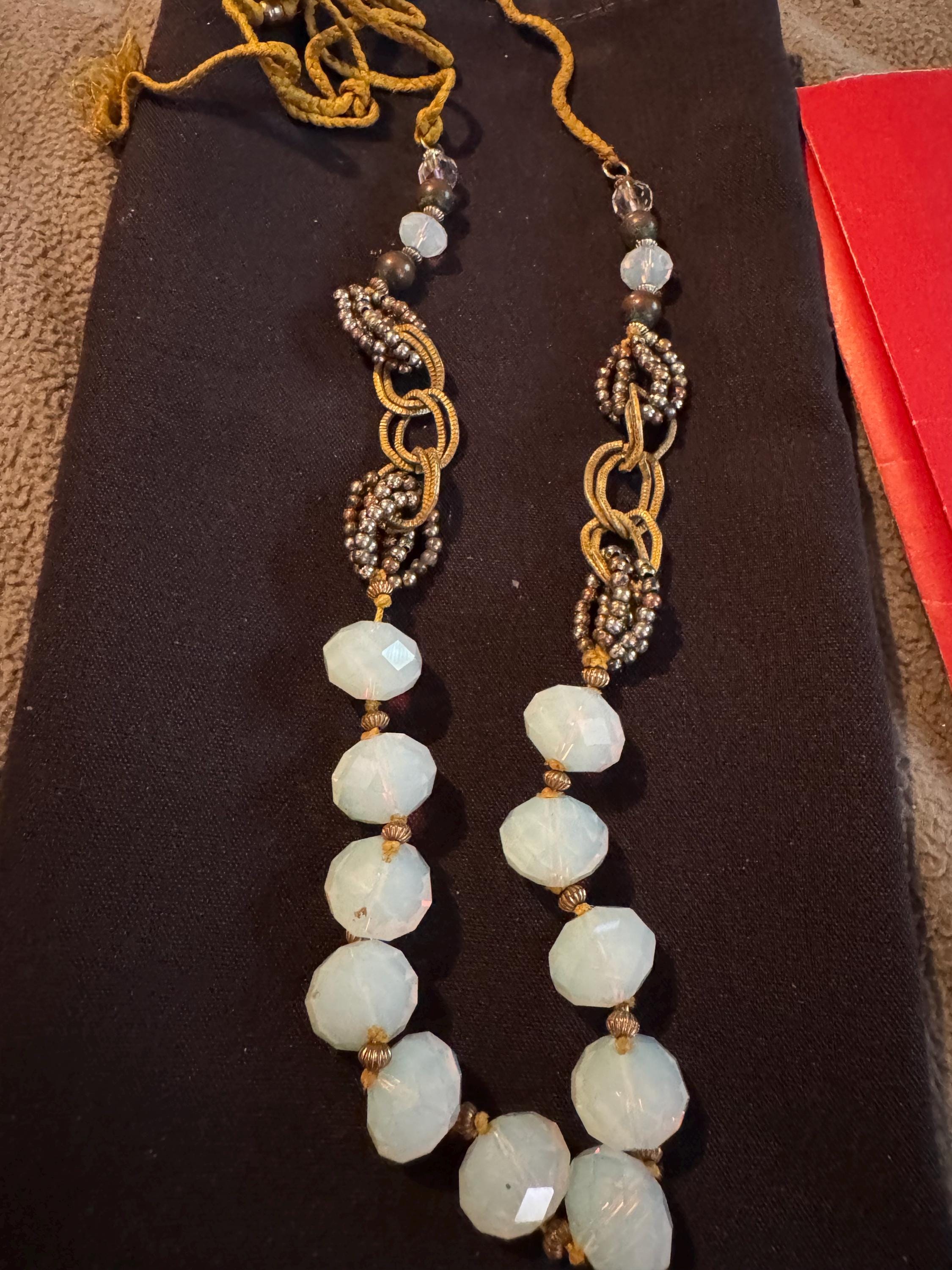 Beautiful Vintage Art Deco, Pale Blue Glass Beaded Necklace Gold Toned w/ Crystal Accents