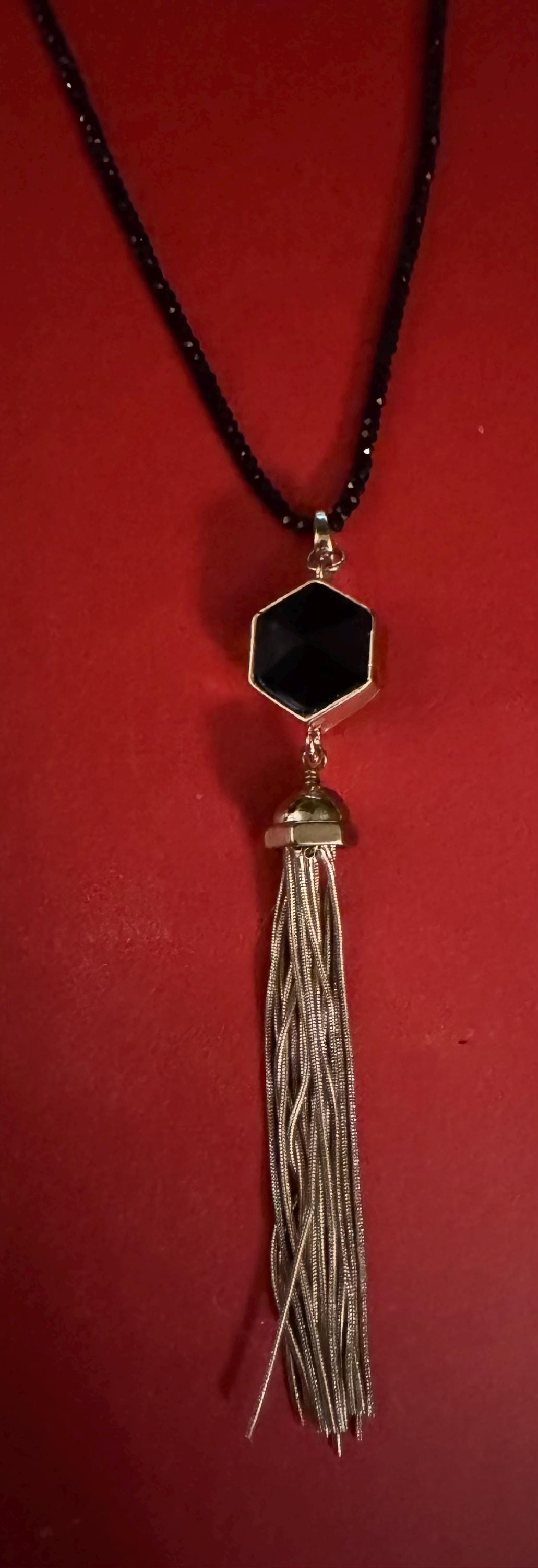 Banana Republic Black Beaded Long Necklace w/ Tassels.
