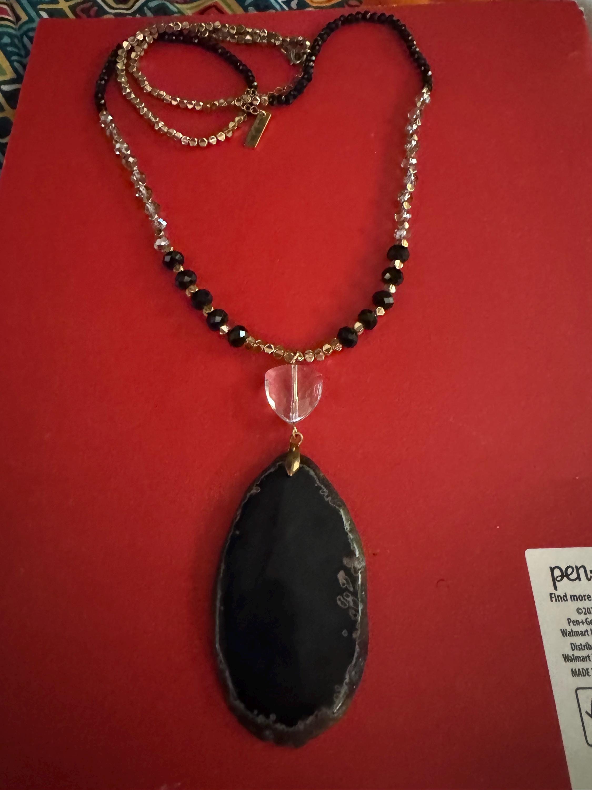 Black Agate Pendant Necklace, Gold Toned Beads, Jane&Marie