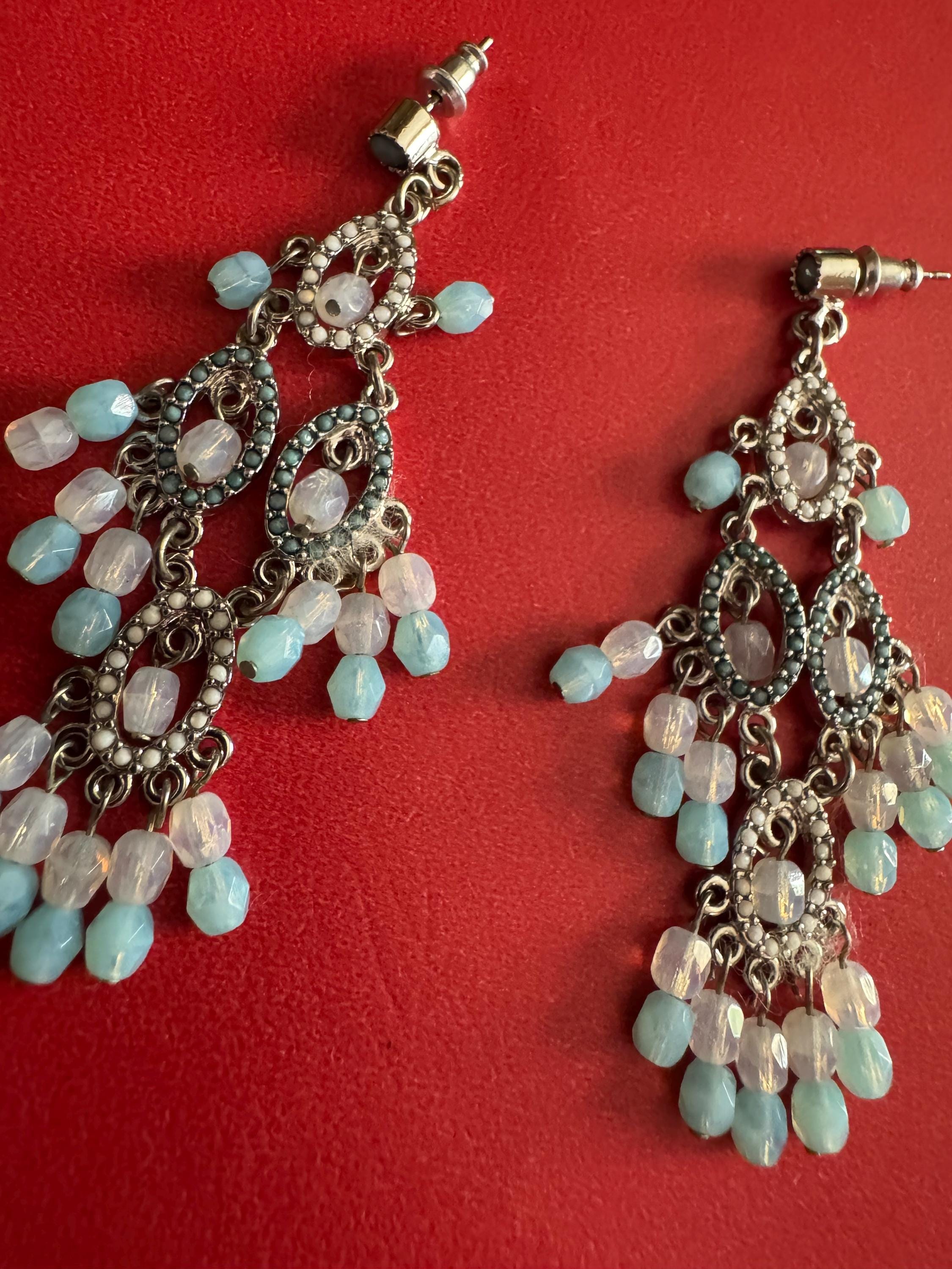 Banana Republic Silver Chandelier Earrings with Blue & White Beads