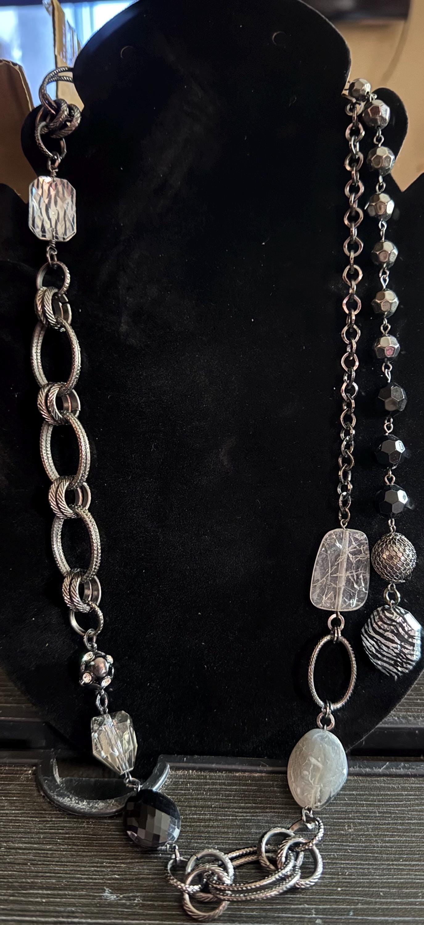 Beaded & Chain Statement Necklace w/ Gunmetal Finish.