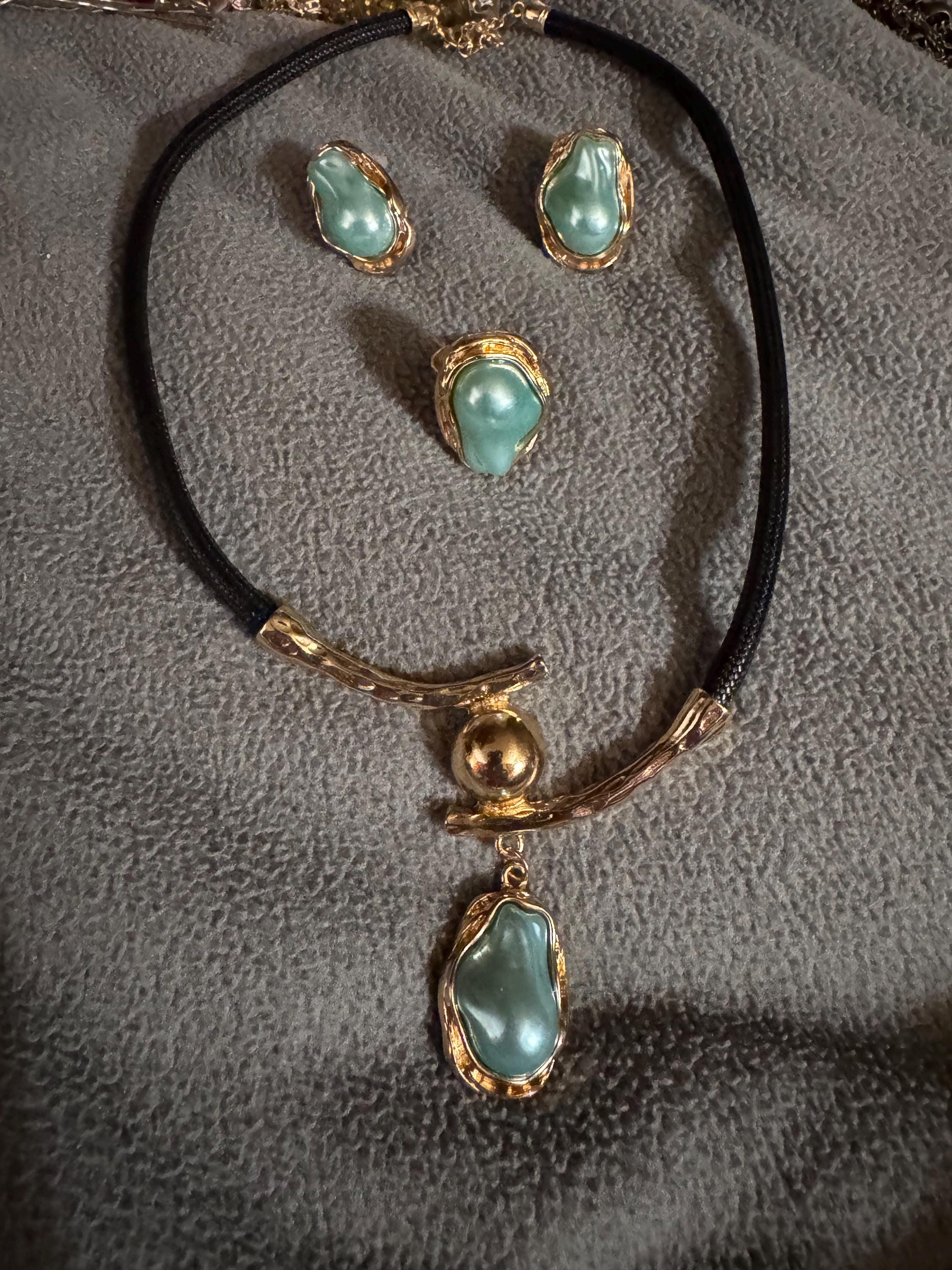 Beautiful Light Blue, Gold, & Black Jewelry Set.