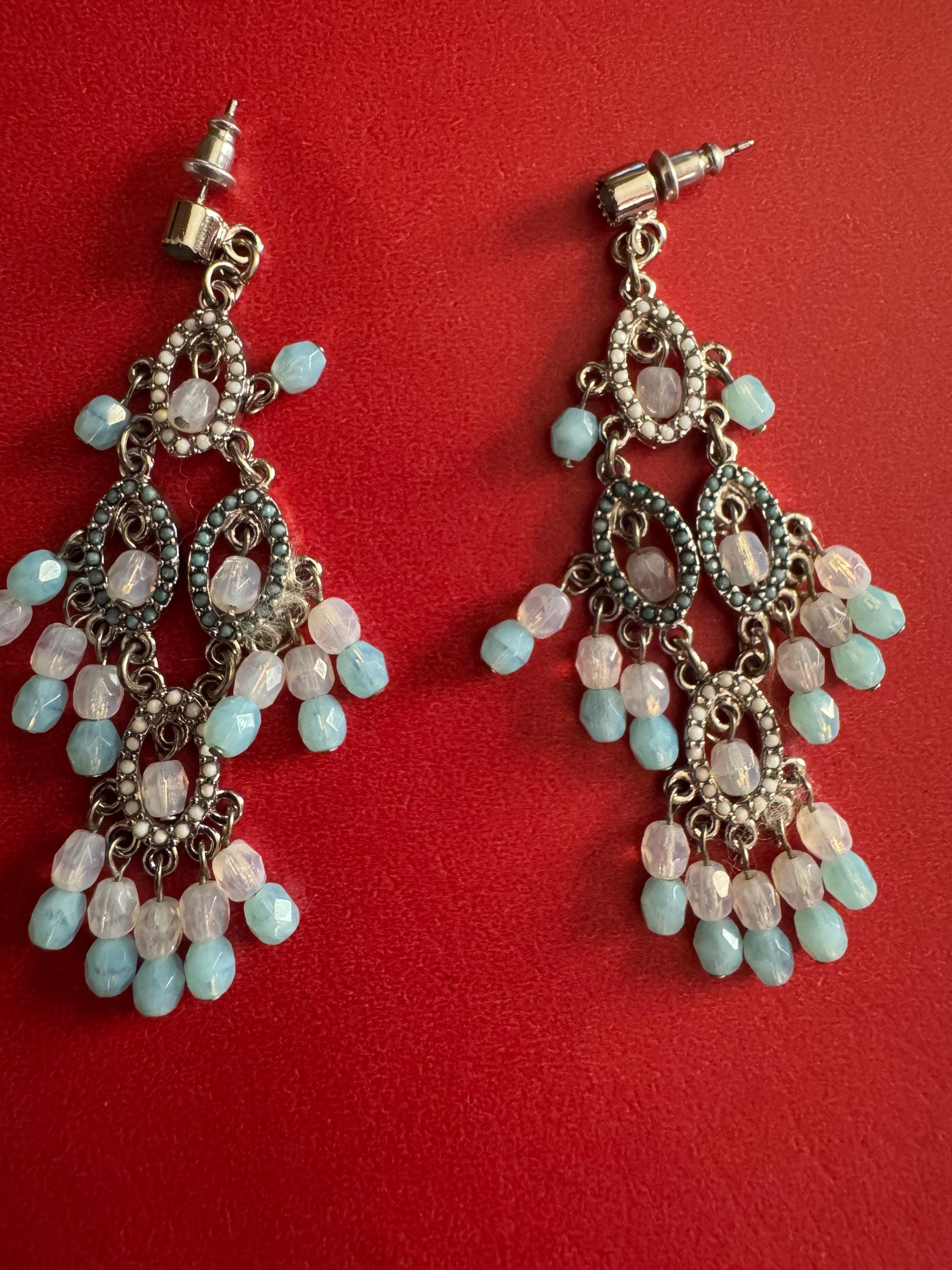 Banana Republic Silver Chandelier Earrings with Blue & White Beads