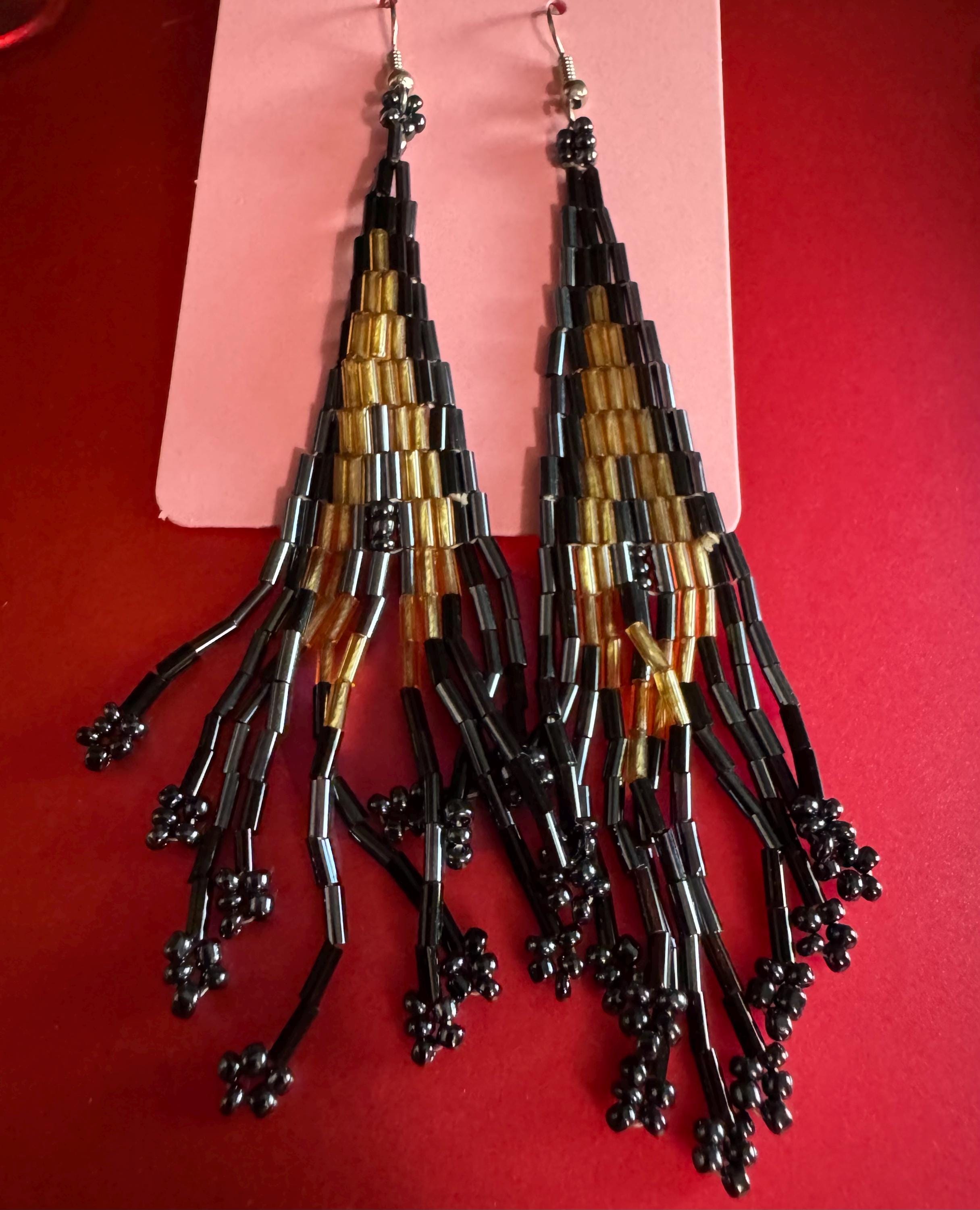 Beaded Black and Gold Dangle Earrings.