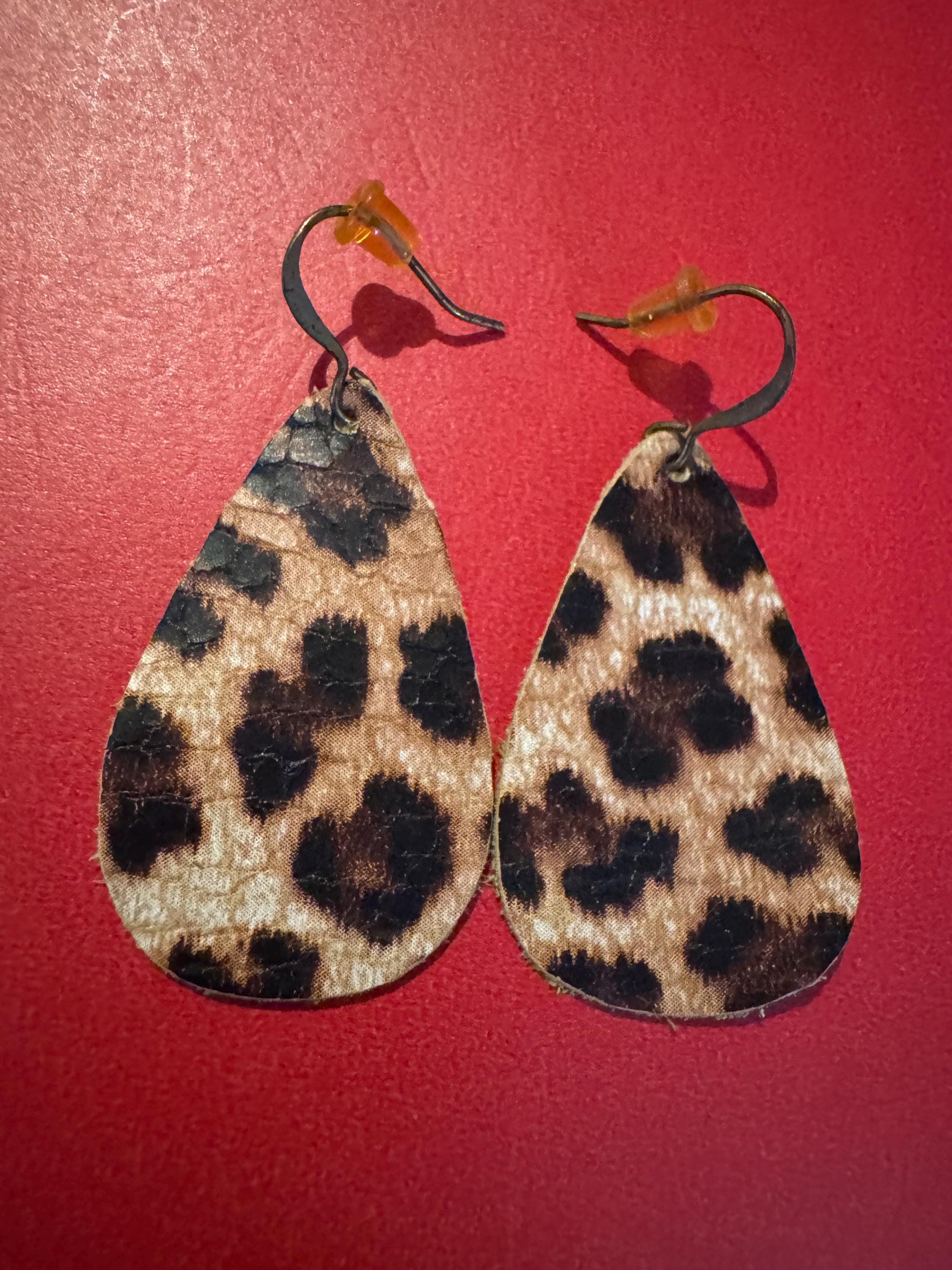Animal Print Teardrop Leather Earrings.