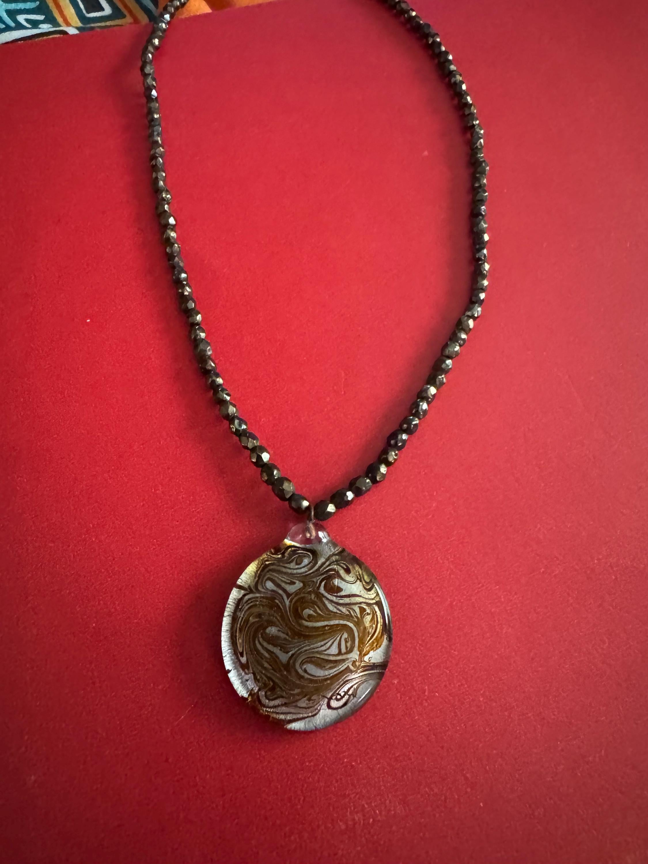 Artisan Round Glass Pendant and Bead Necklace.