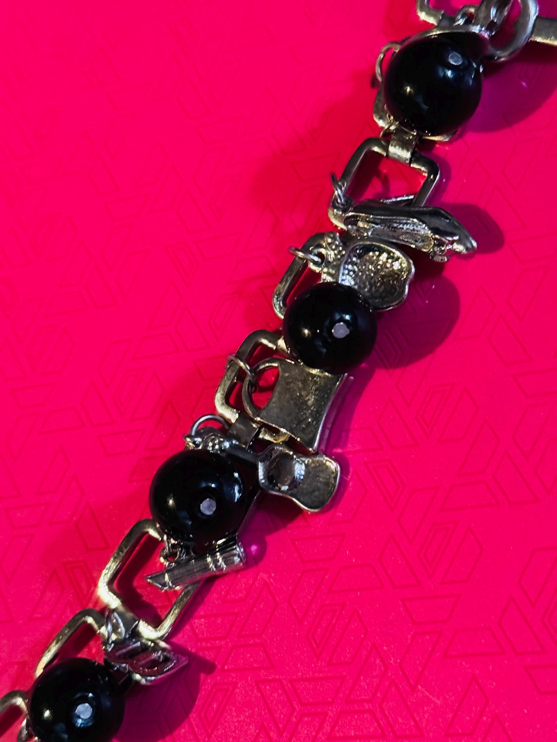 Beautiful Square Links, Silver Tone Charm Bracelet with Black Balls.