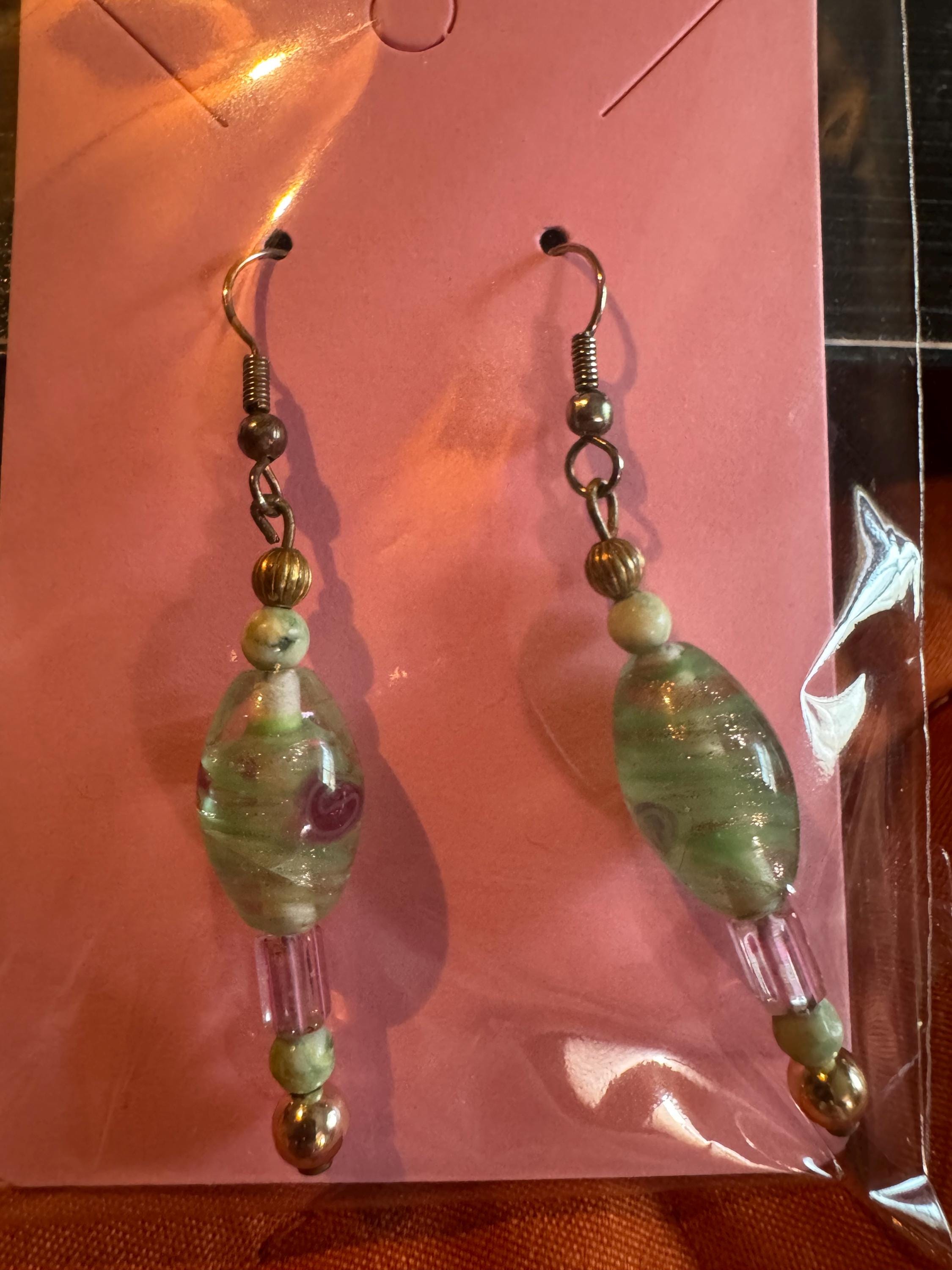 Beautiful Green Glass Beaded Hook Earrings.