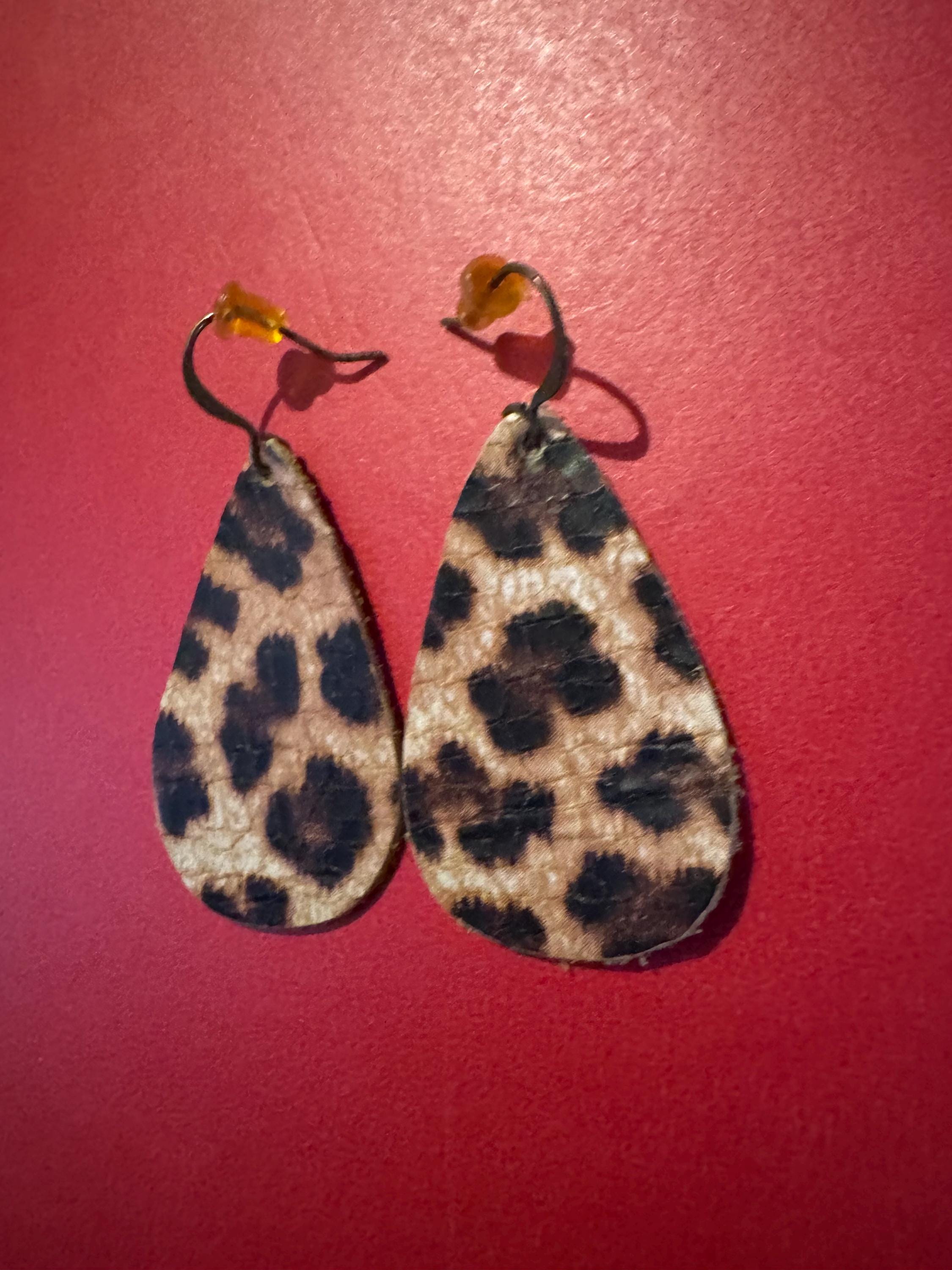 Animal Print Teardrop Leather Earrings.