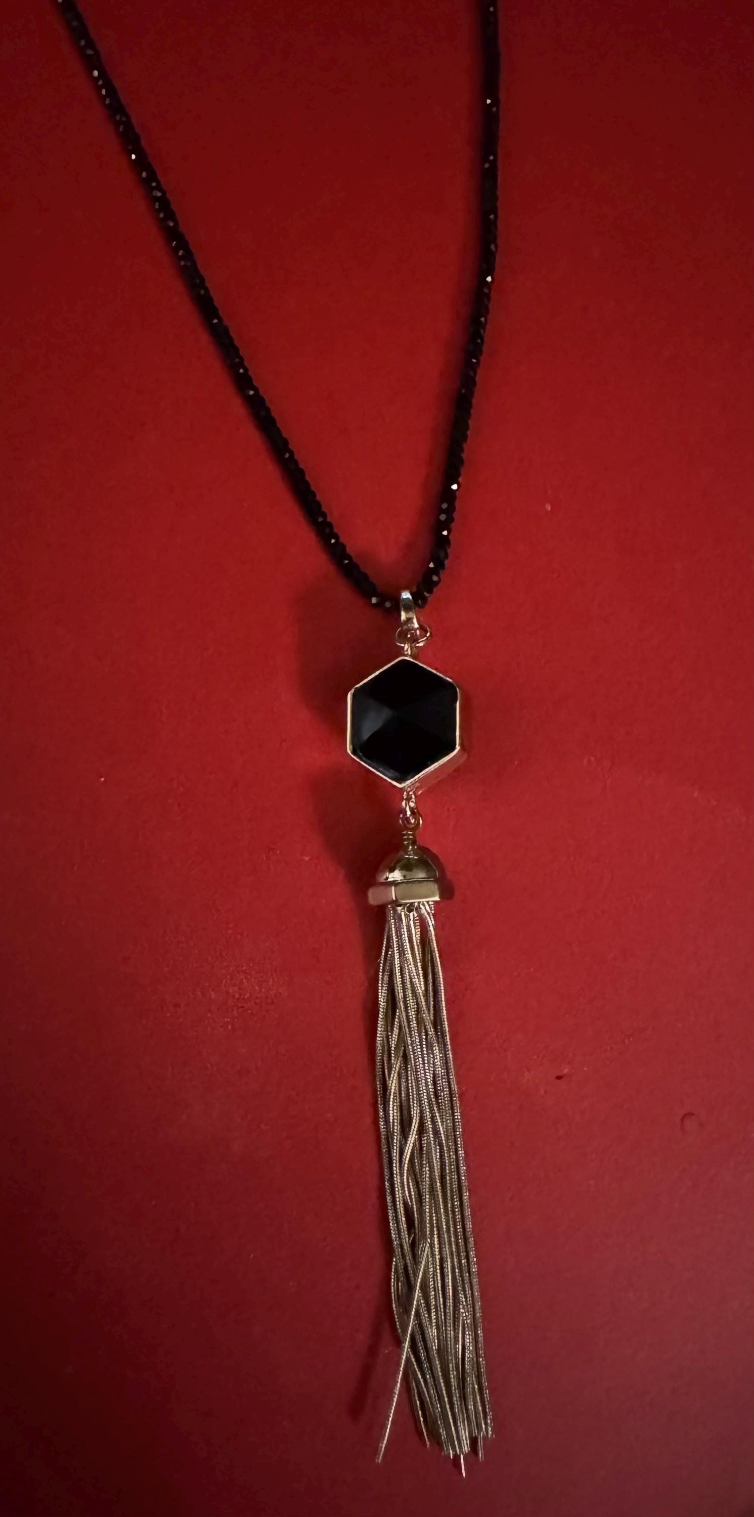 Banana Republic Black Beaded Long Necklace w/ Tassels.