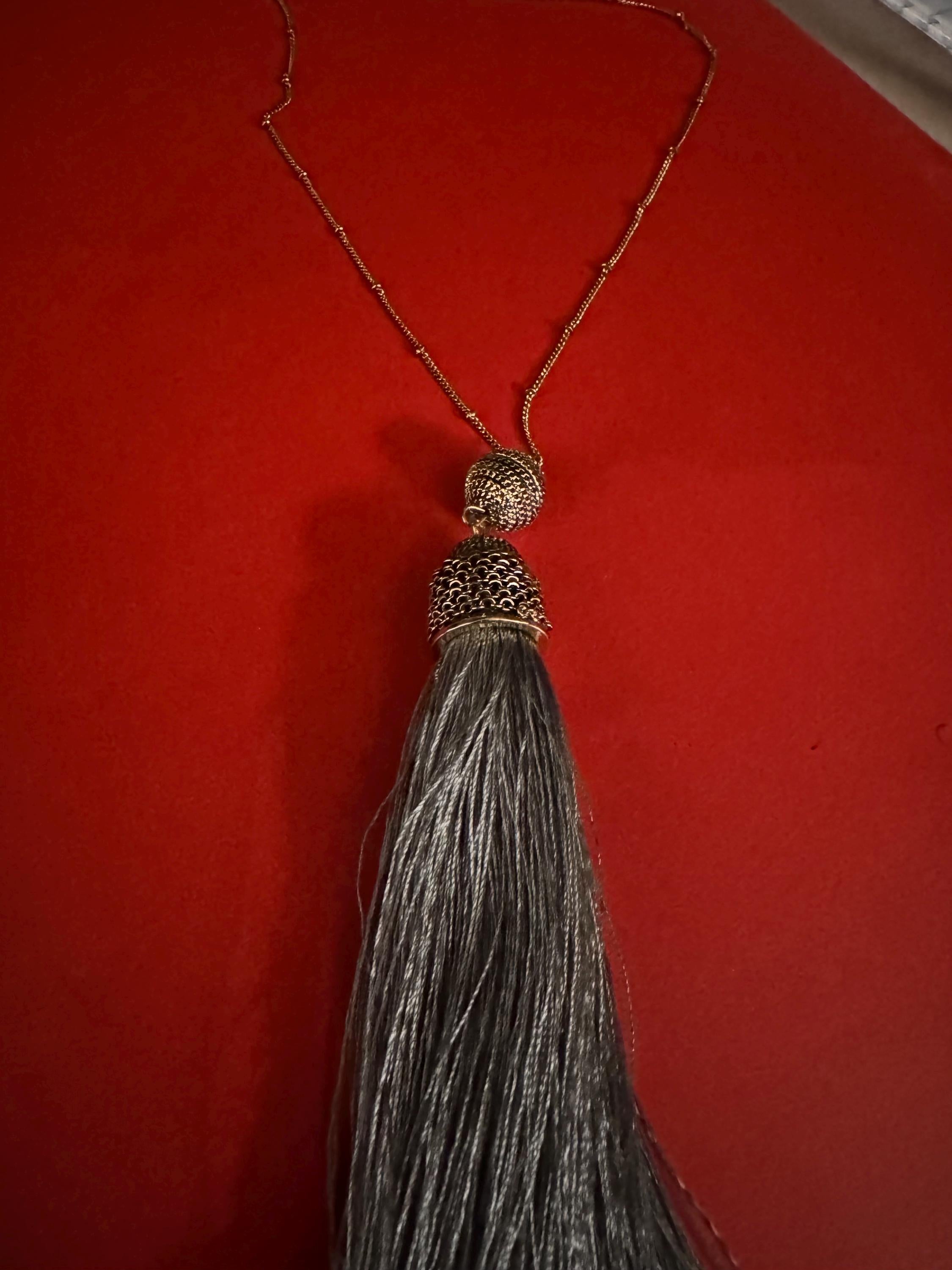Antique Gold Tone Ball/Bead Chain w/ Gray Tassel.