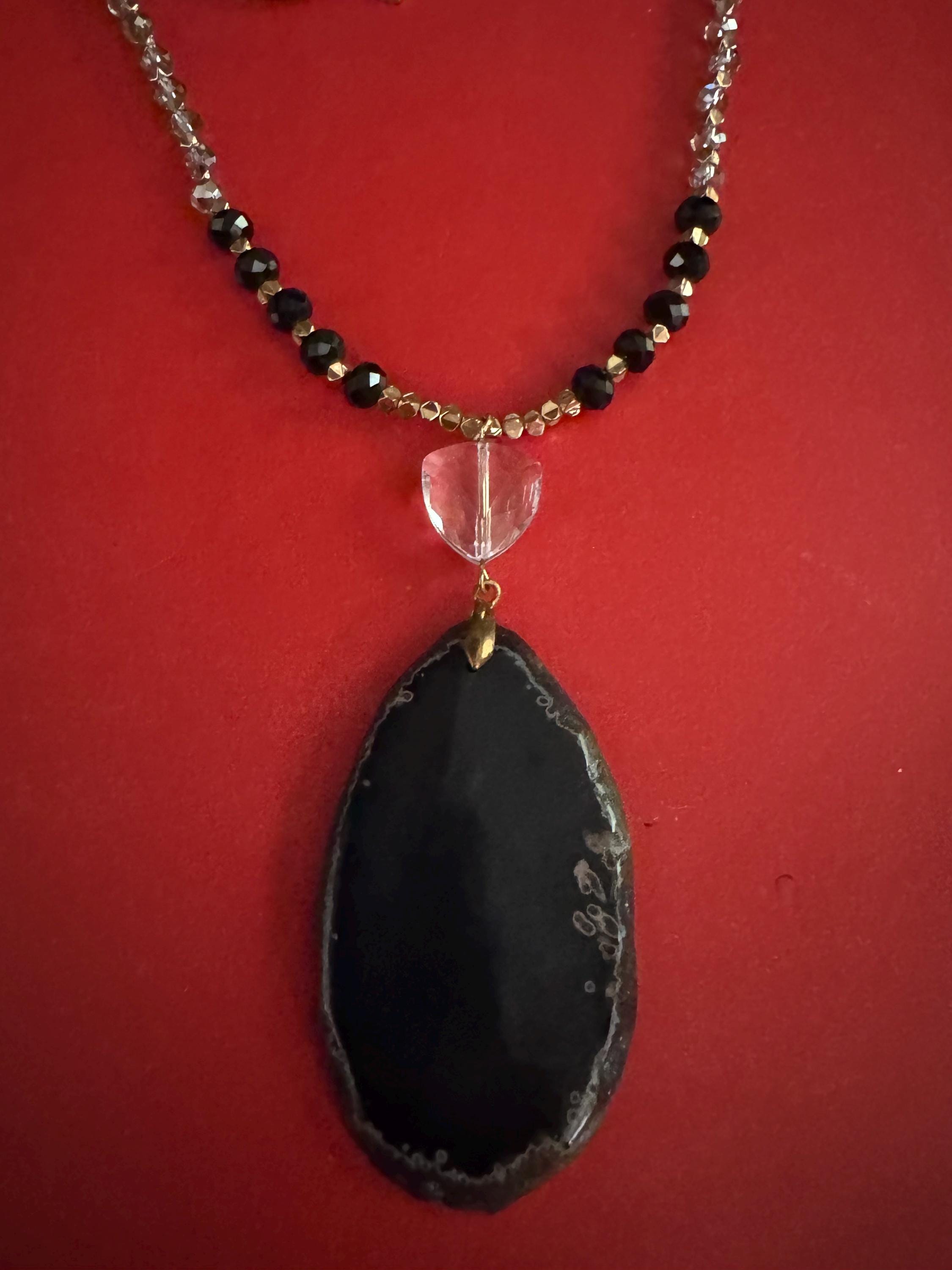 Black Agate Pendant Necklace, Gold Toned Beads, Jane&Marie