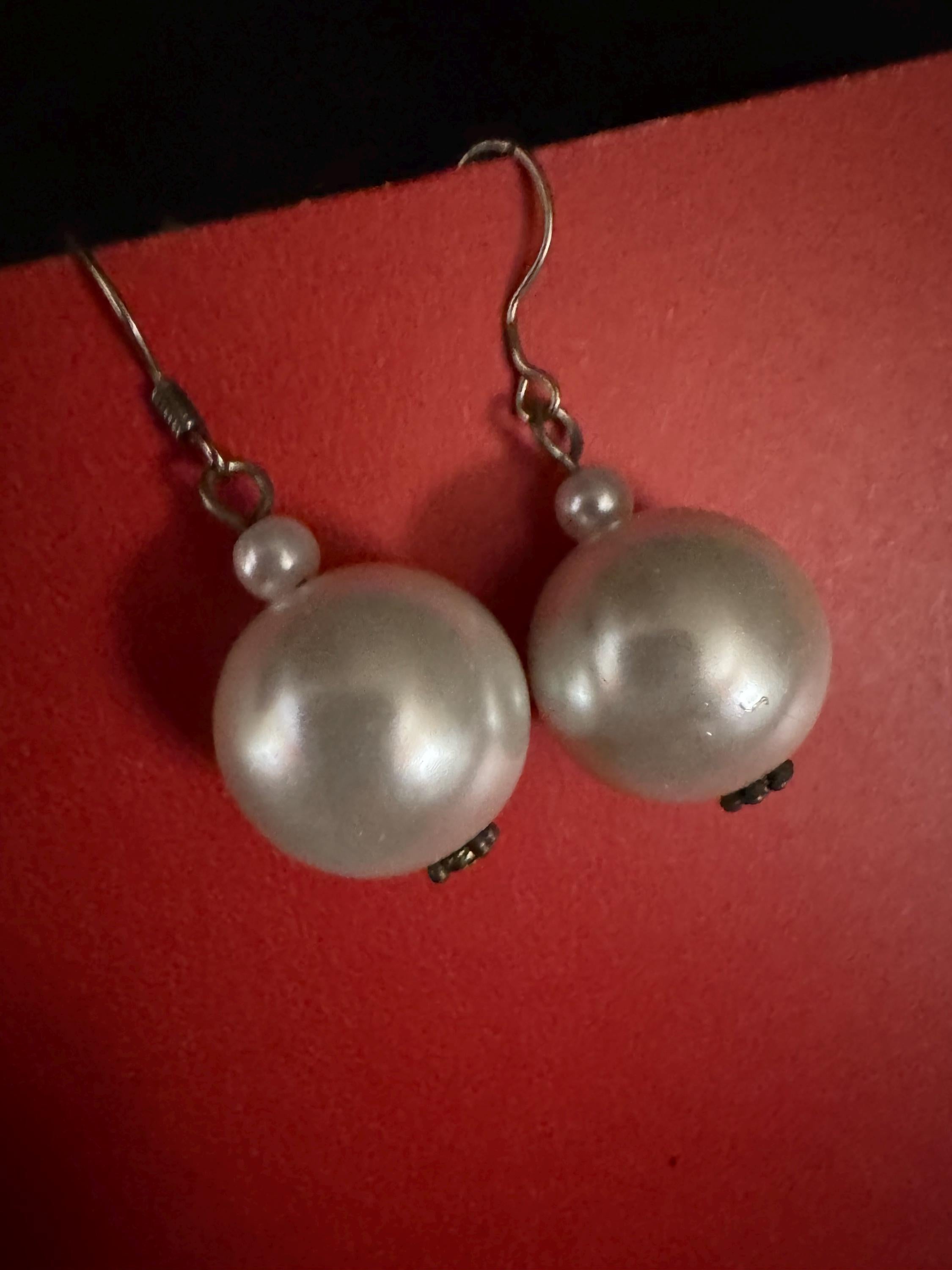 Big Faux Pearl Earrings with Silver Toned Metal.