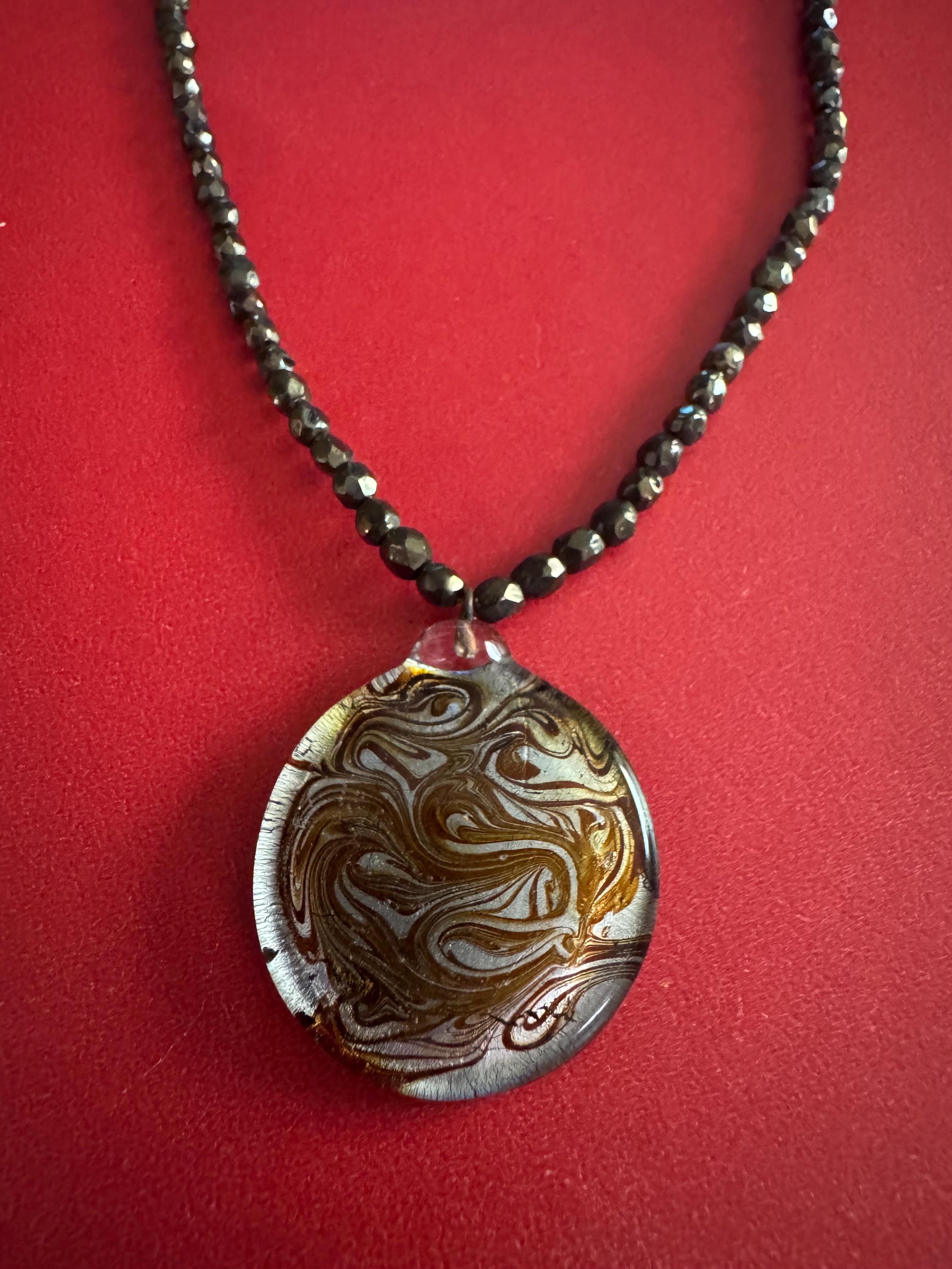 Artisan Round Glass Pendant and Bead Necklace.