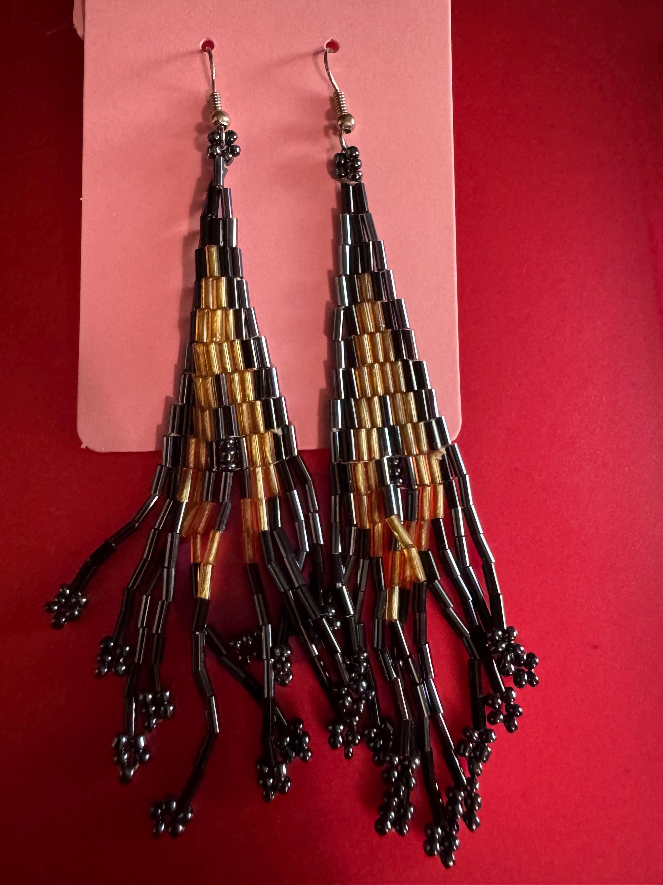 Beaded Black and Gold Dangle Earrings.