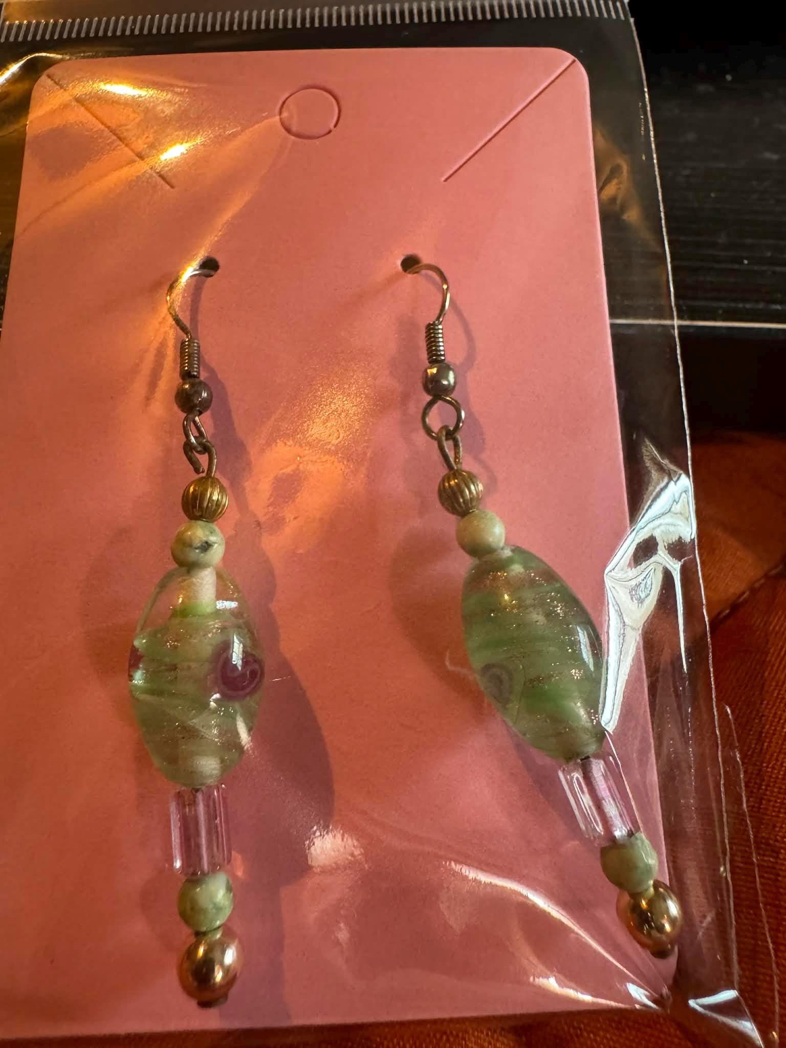 Beautiful Green Glass Beaded Hook Earrings.