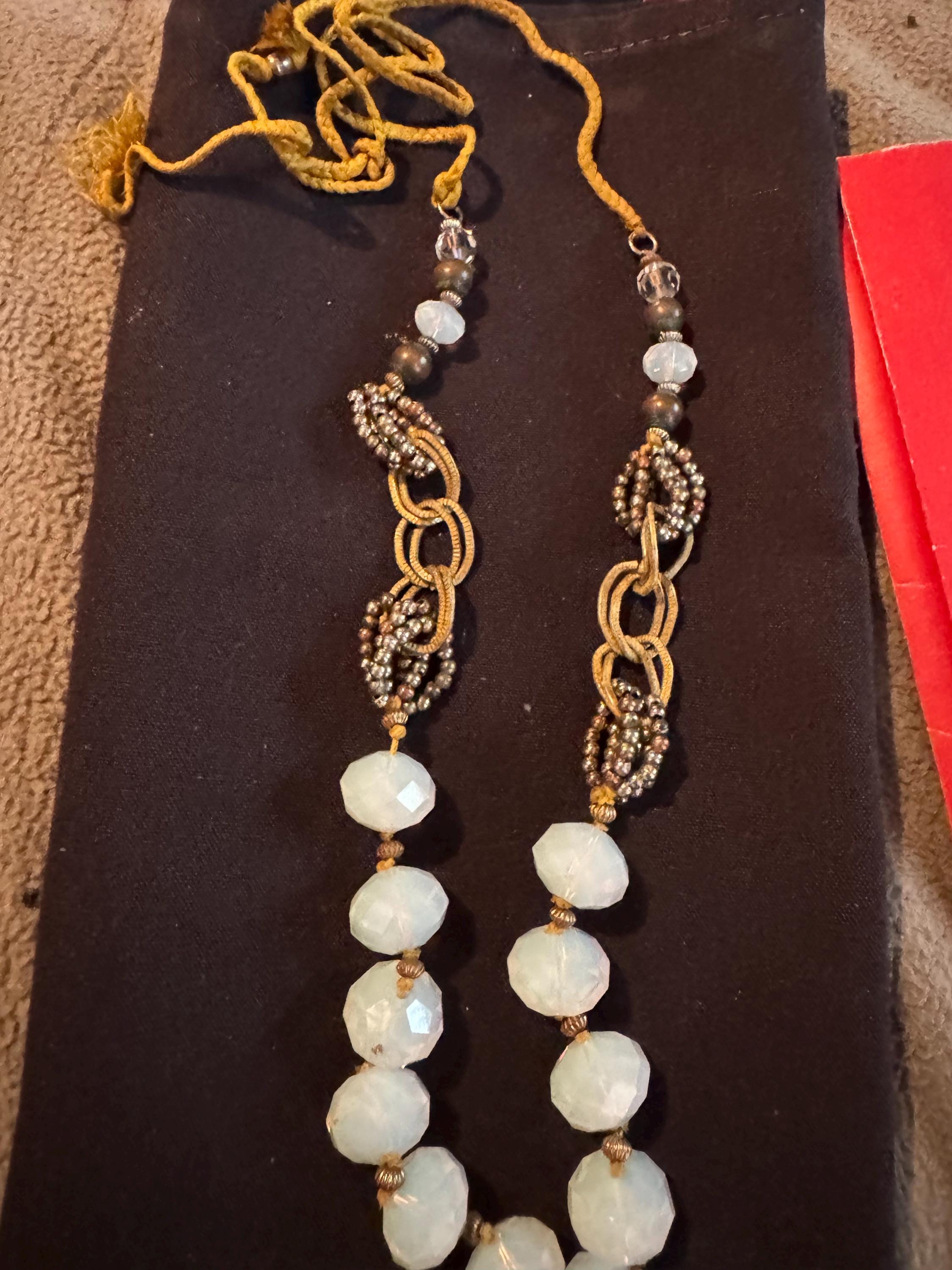 Beautiful Vintage Art Deco, Pale Blue Glass Beaded Necklace Gold Toned w/ Crystal Accents