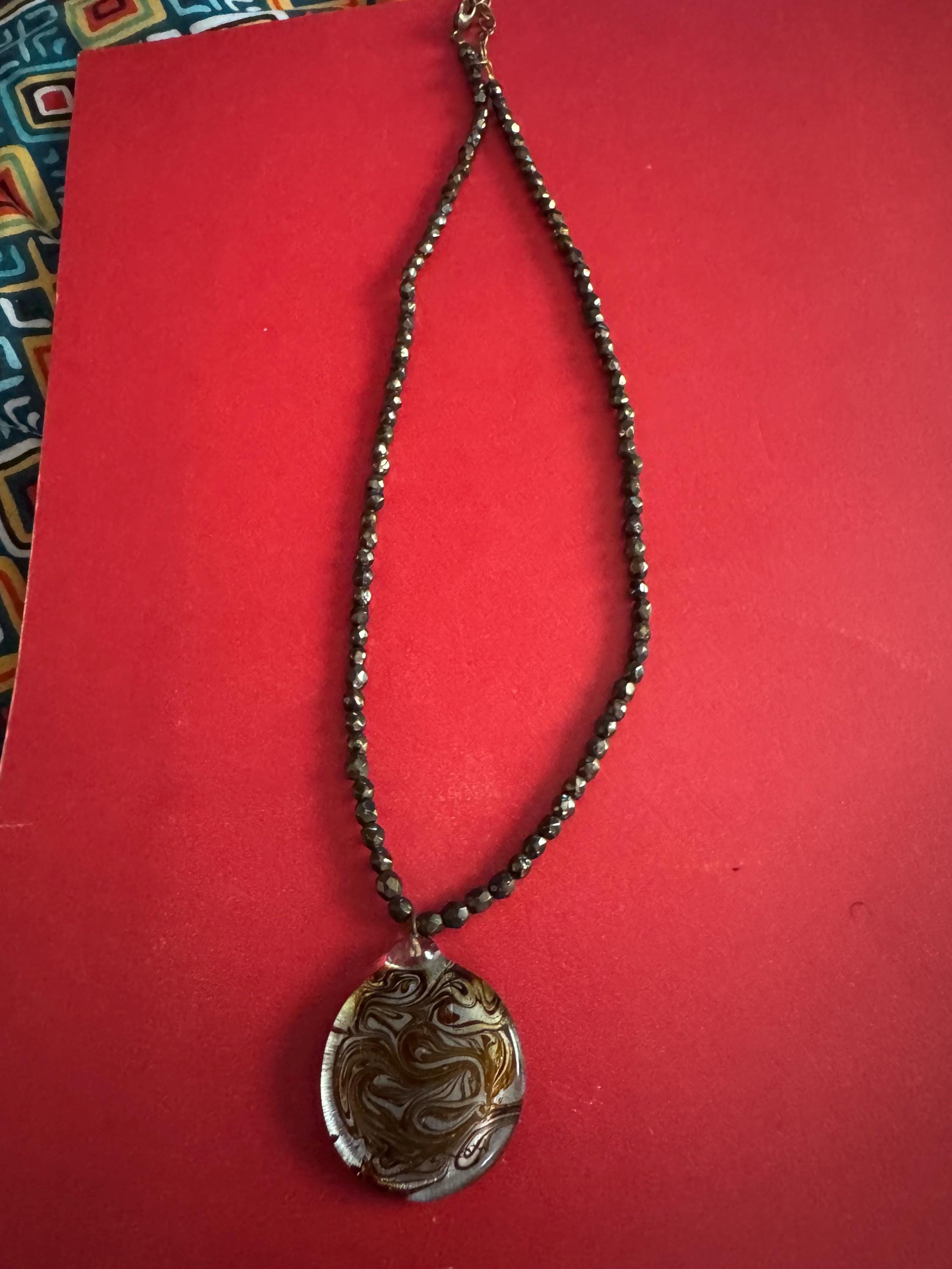 Artisan Round Glass Pendant and Bead Necklace.