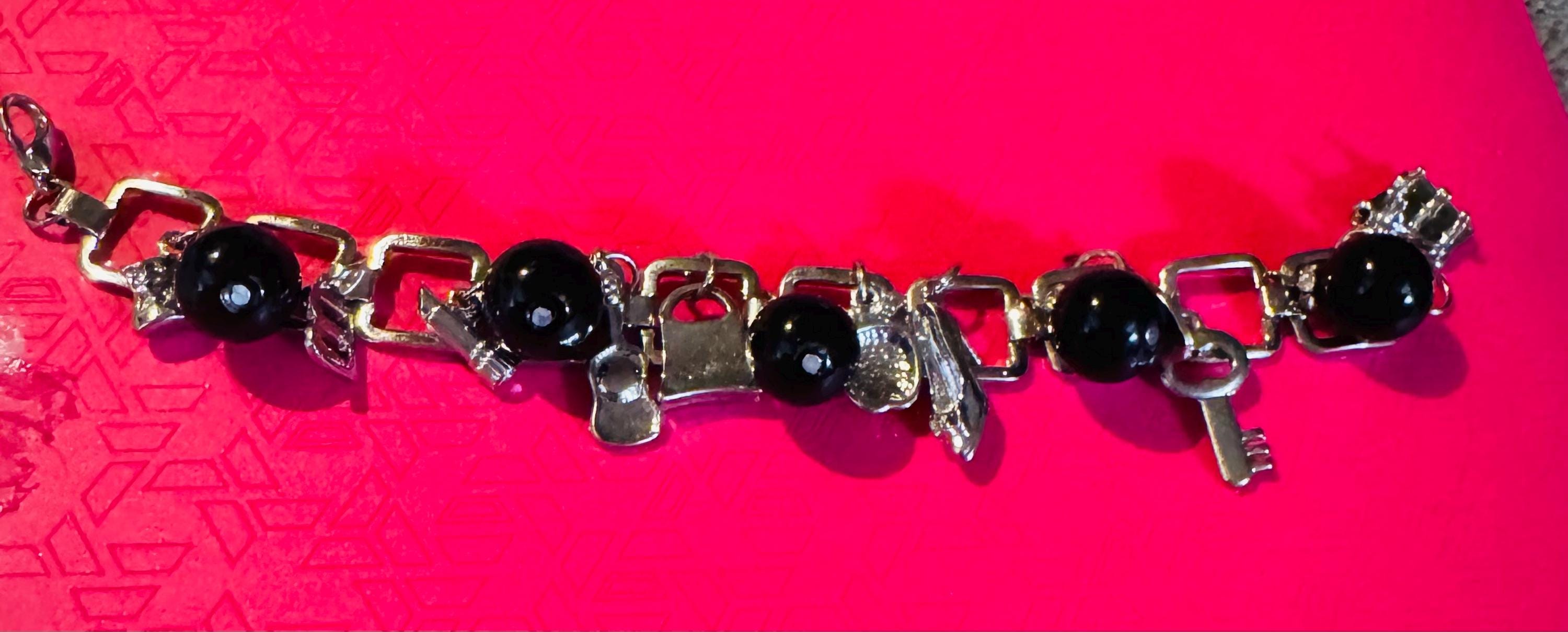 Beautiful Square Links, Silver Tone Charm Bracelet with Black Balls.