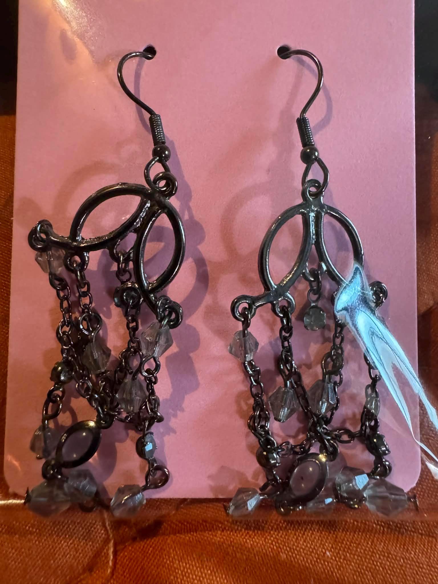 Black Metal Chandelier Earrings with Crystal Accents.