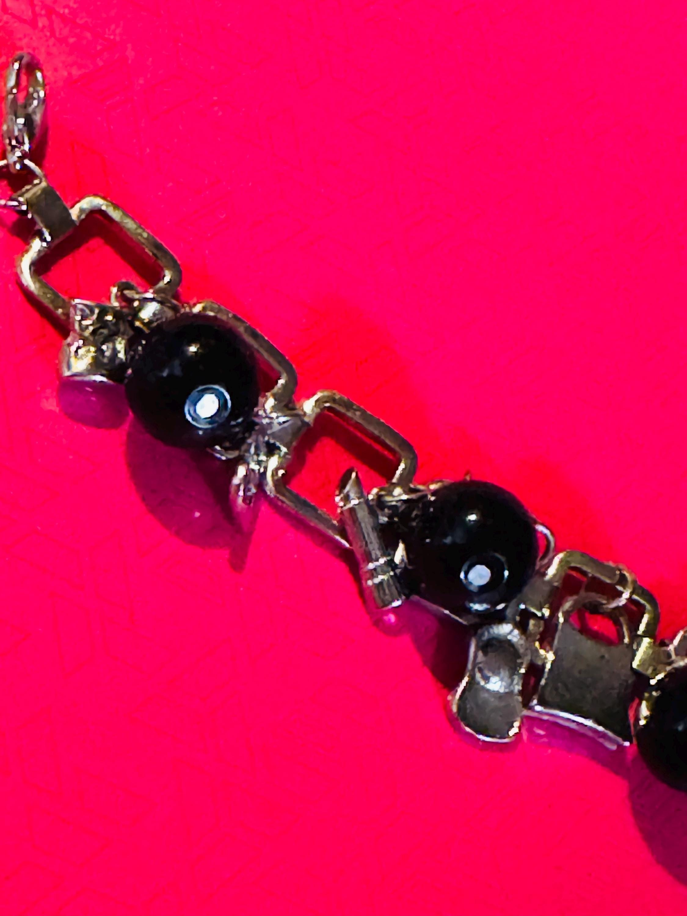 Beautiful Square Links, Silver Tone Charm Bracelet with Black Balls.