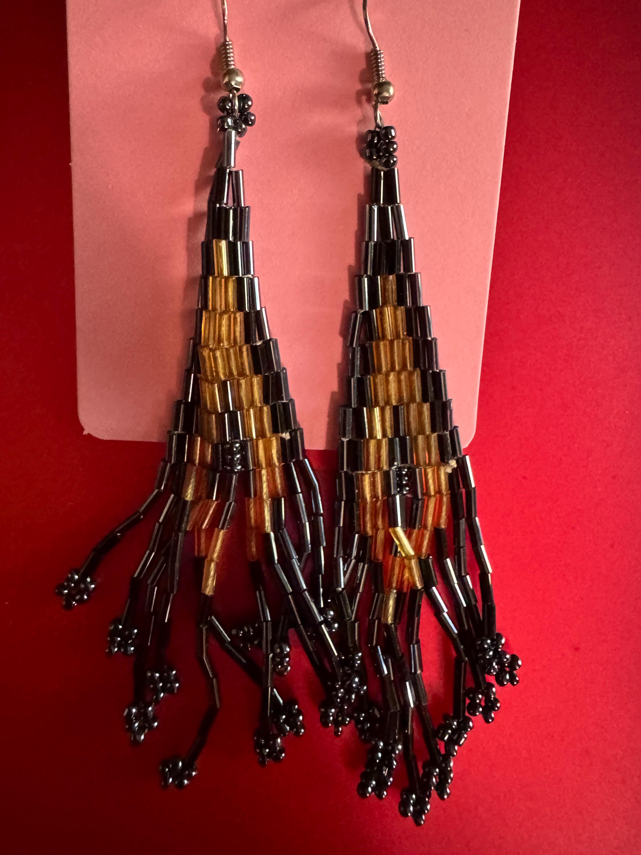 Beaded Black and Gold Dangle Earrings.