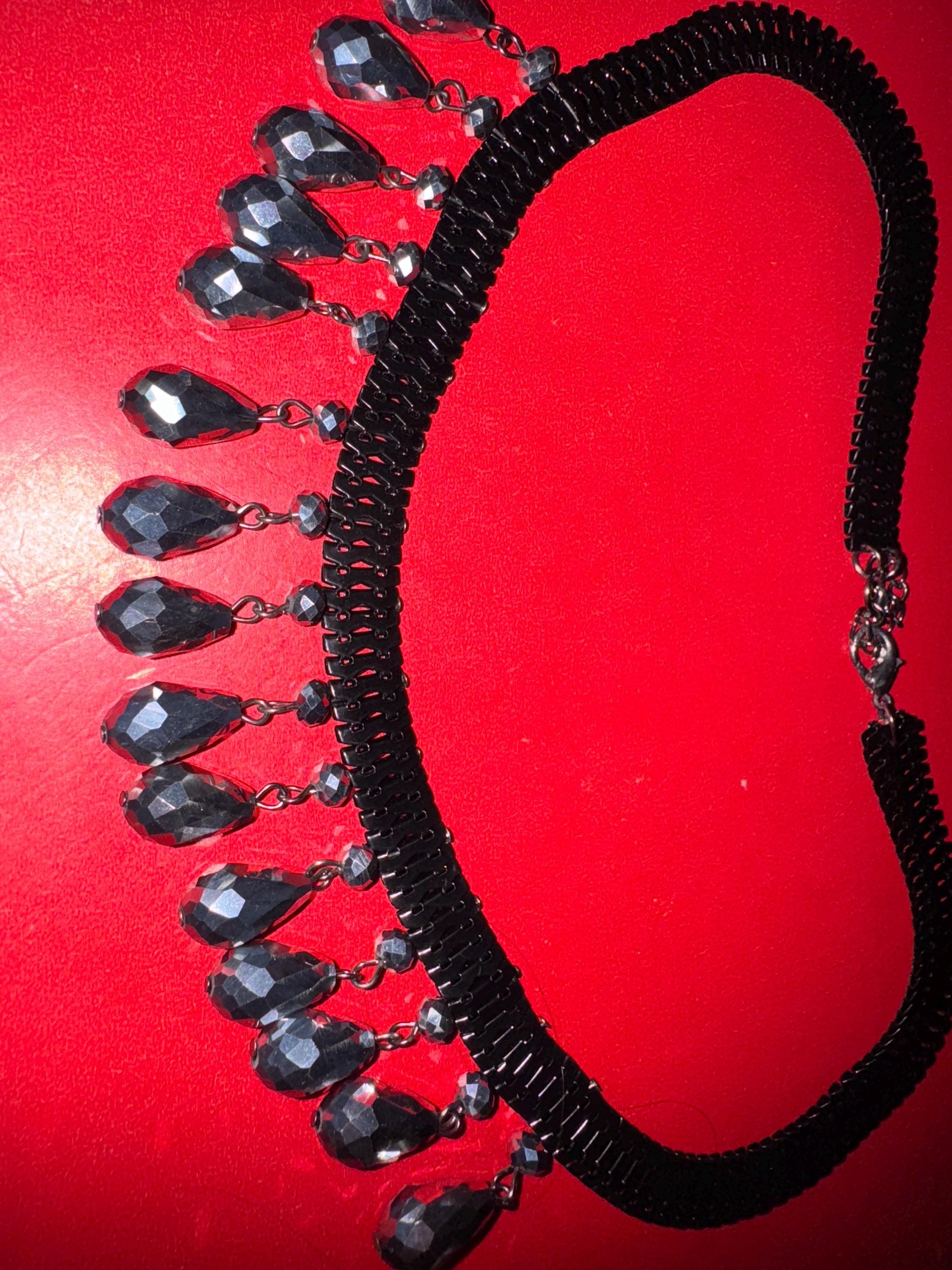 Black Choker Necklace w/ Silver Toned Teardrop Charms.