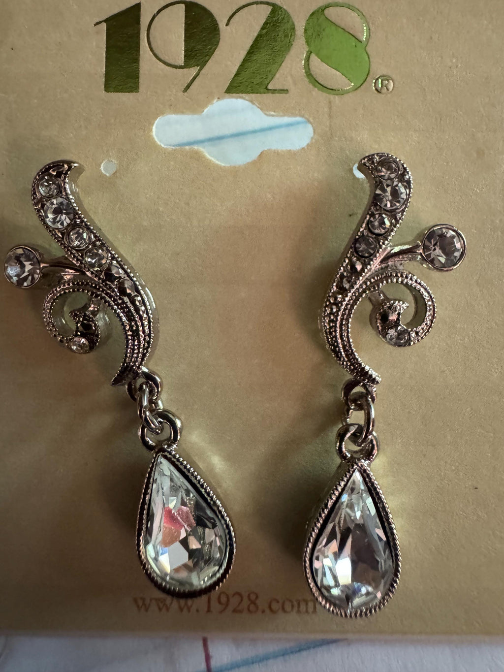 1928 Silver Tone Crystal Teardrop Earrings.