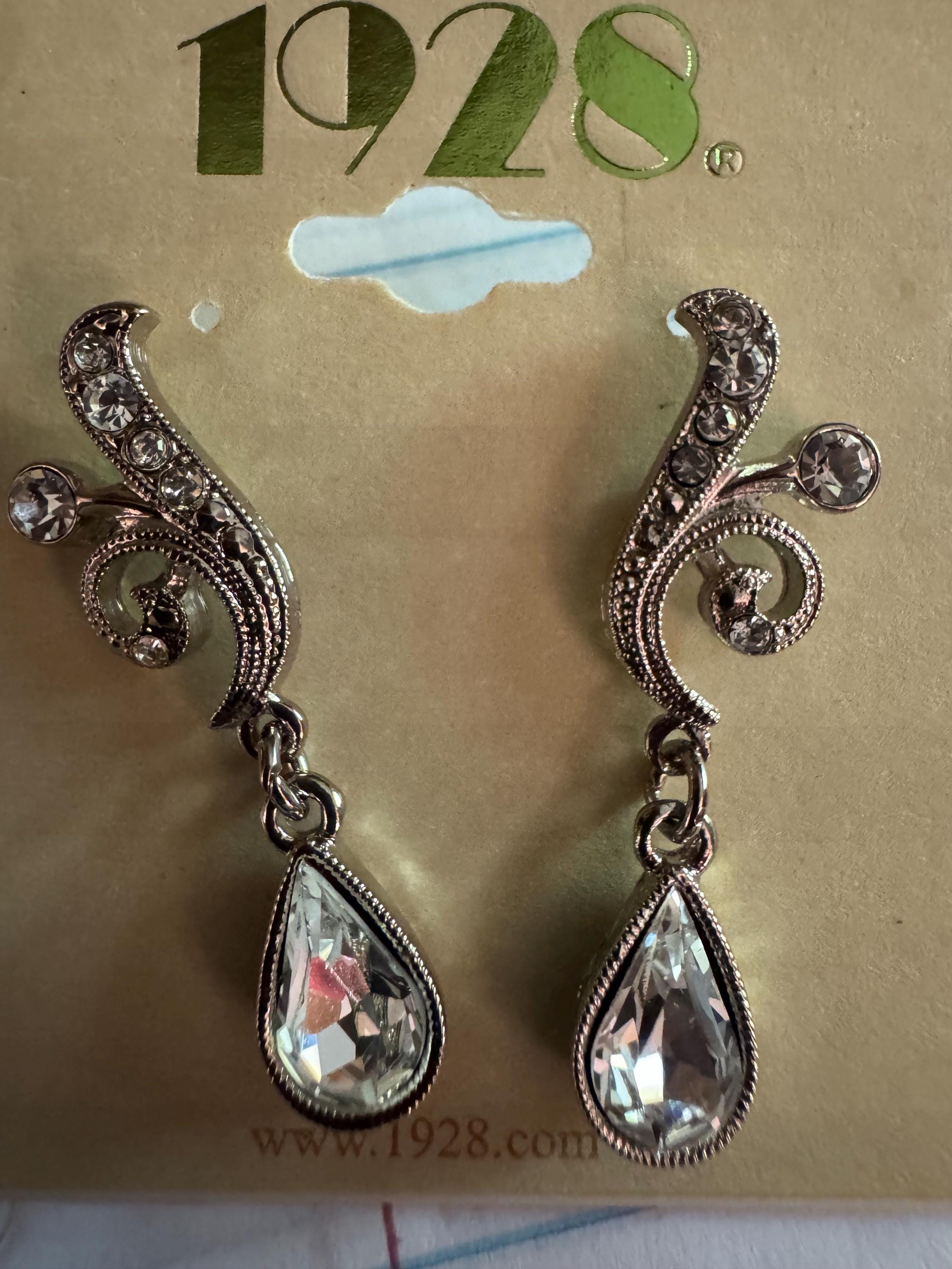 1928 Silver Tone Crystal Teardrop Earrings.