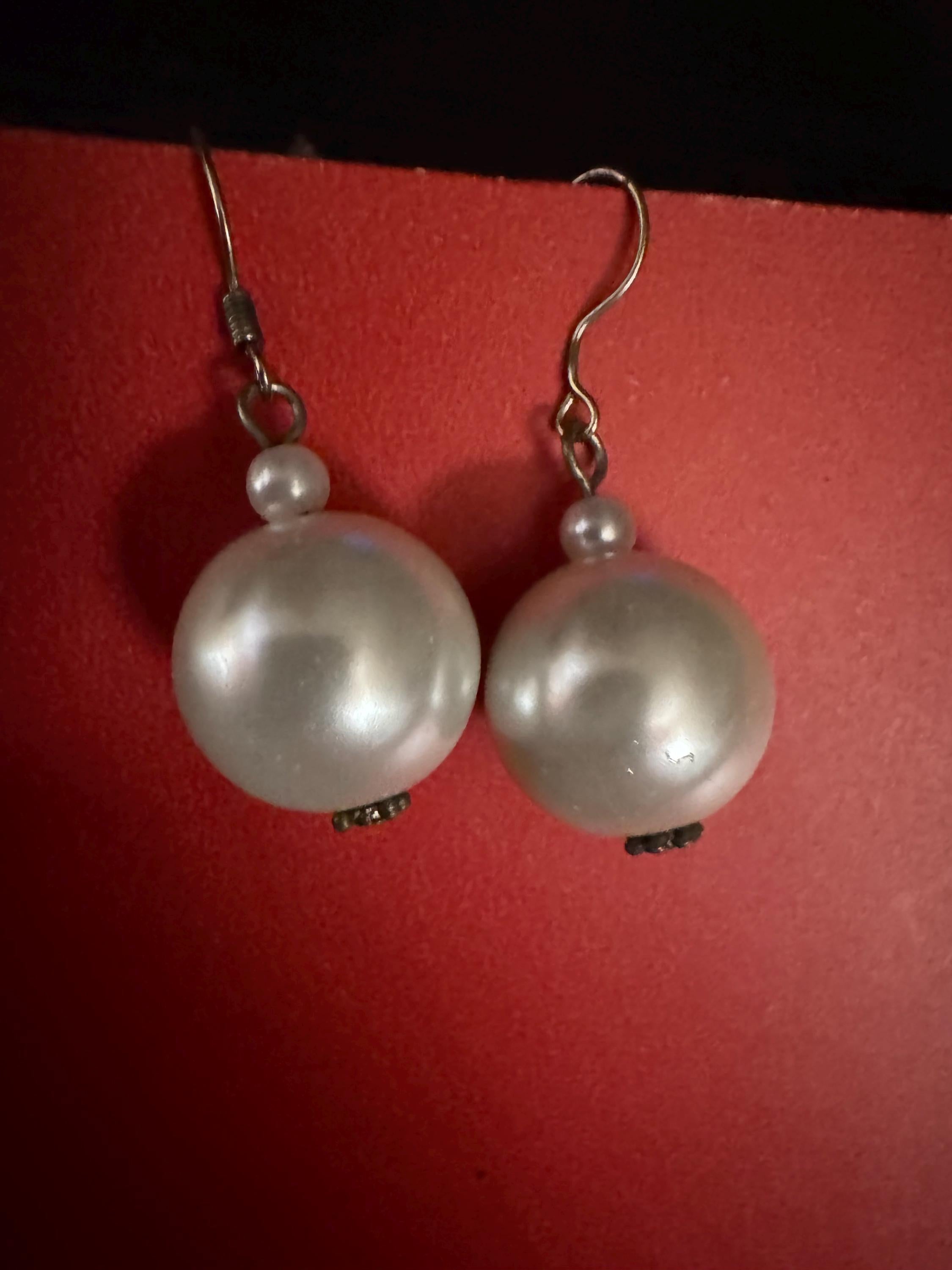 Big Faux Pearl Earrings with Silver Toned Metal.